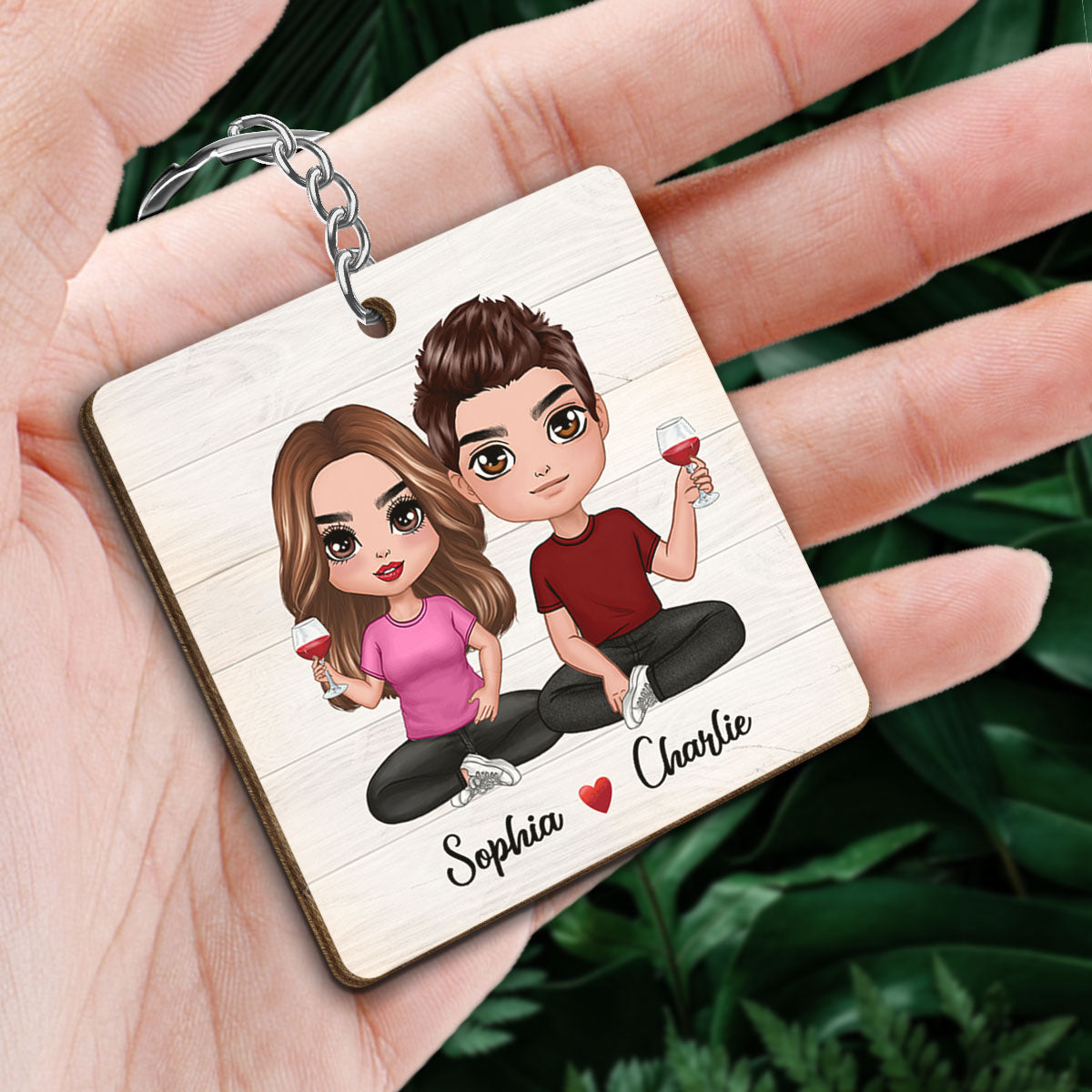 Doll Couple Sitting Calendar Anniversary Date Personalized Wooden Keychain