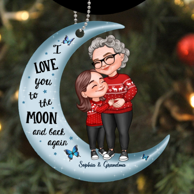 Cute Cartoon Grandma & Grandkid Hugging On Moon Christmas Gift Personalized Acrylic Ornament
