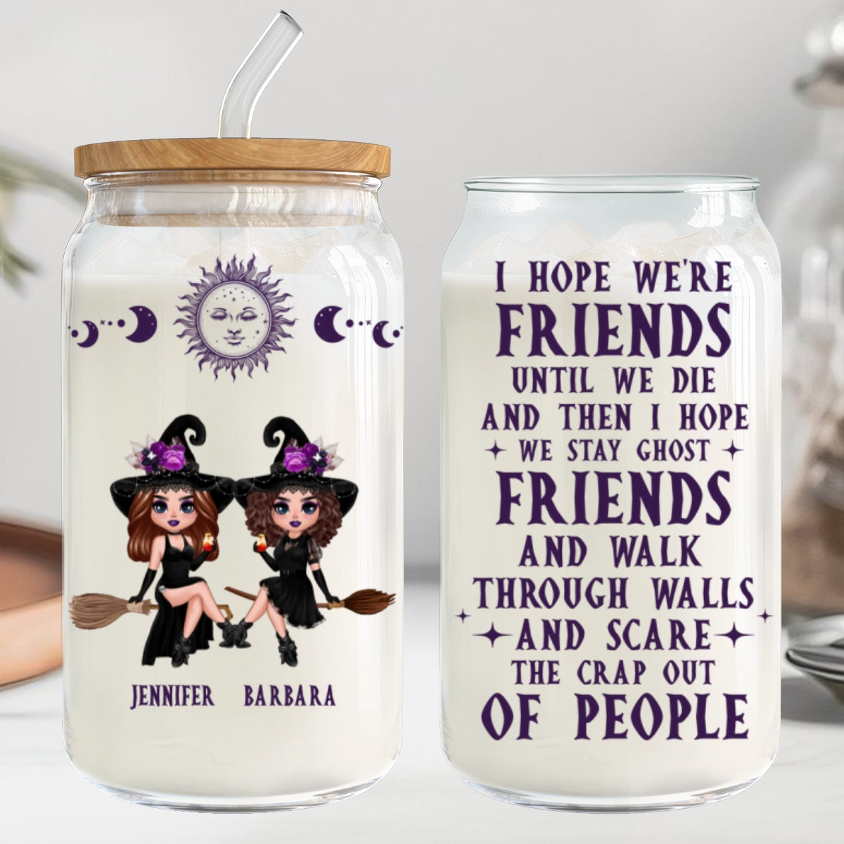Witch Besties Hope We're Friends Until We Die Personalized Glass Can, Halloween Gift For Best Friends