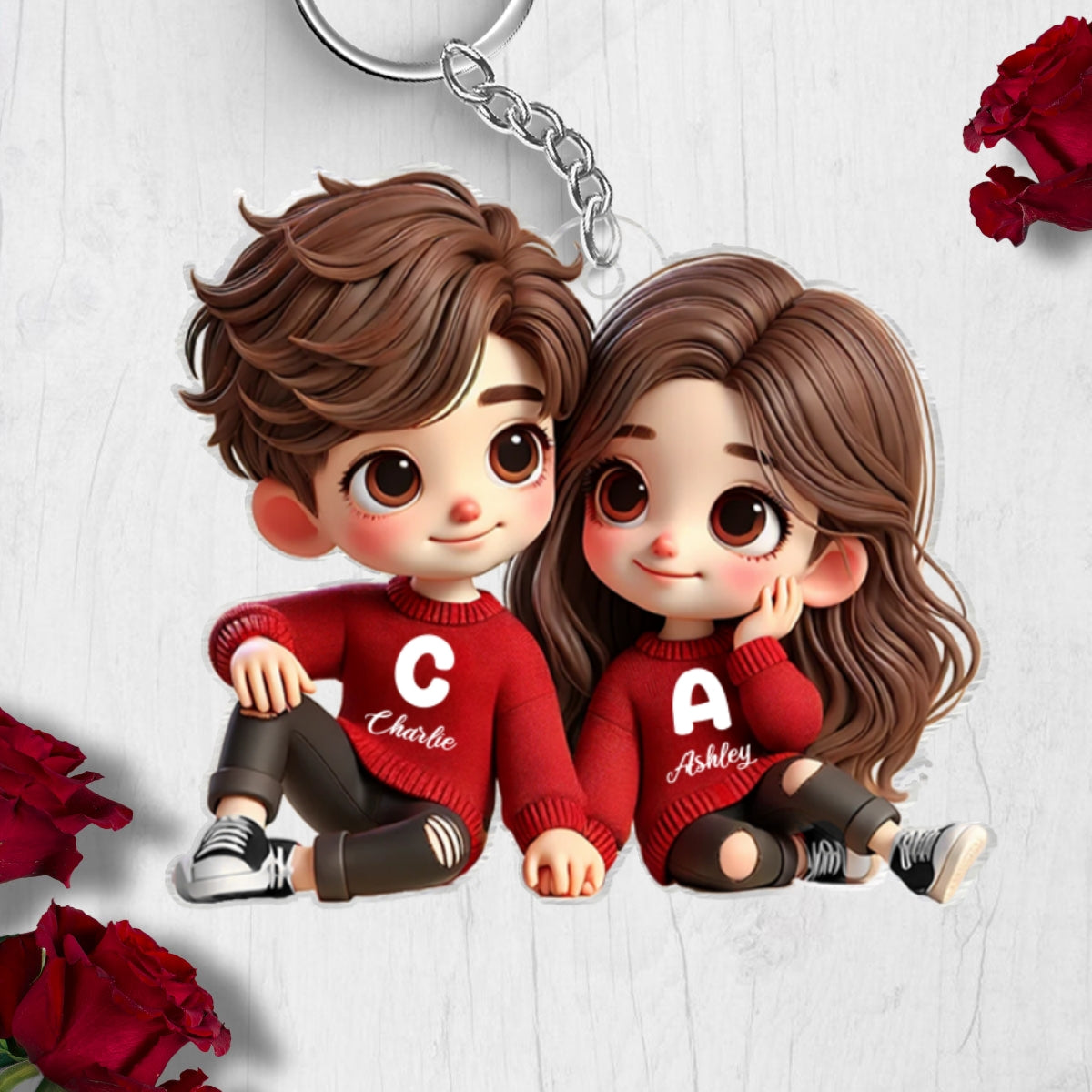 Cute Couple Sitting Together Personalized Acrylic Keychain, Gift for him, Gift for her