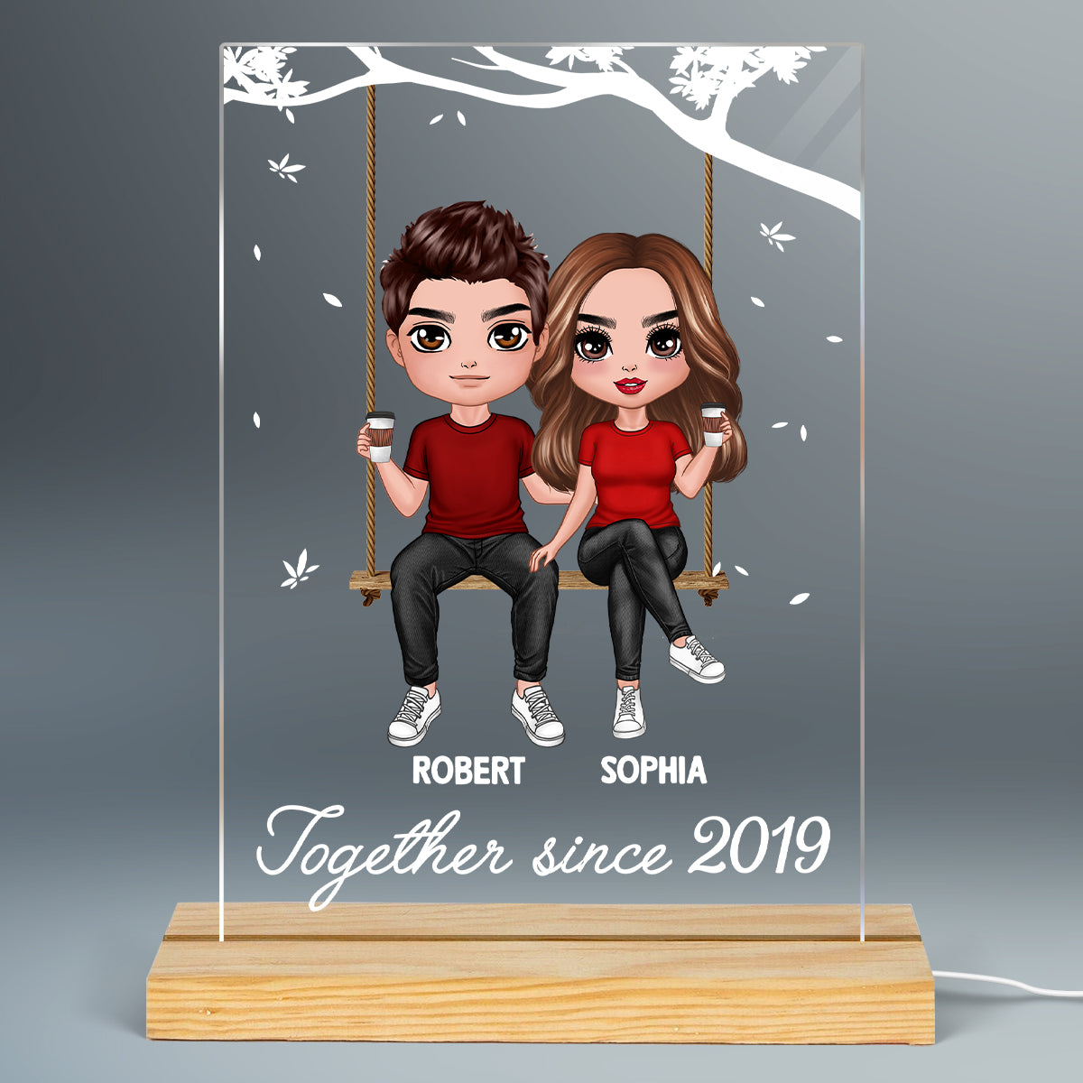 Doll Couple On Swing Together Since Personalized Rectangle Acrylic Plaque With LED Night Light - Valentine‘s Day Gift - Anniversary Gift For Her - Gift For Him