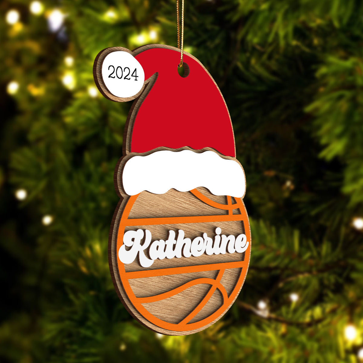 Sports Santa Hat With Name 2-Layered Wooden Ornament, Personalized Football Baseball Volleyball Basketball Soccer Ornament, Unique Christmas Gift For Kids