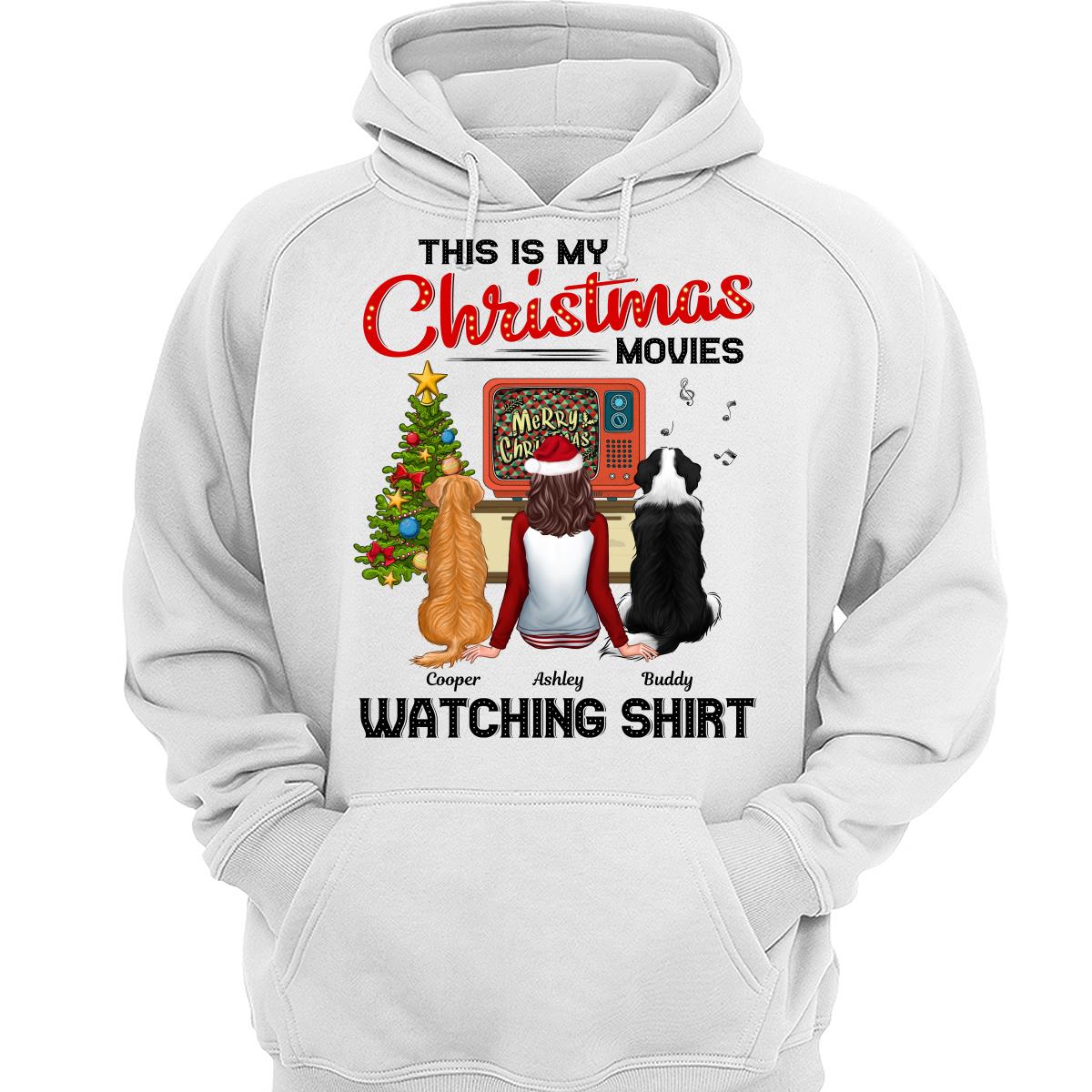 Christmas Movies Watching Shirt Man Woman In Pajamas With Dog Cat Personalized Shirt