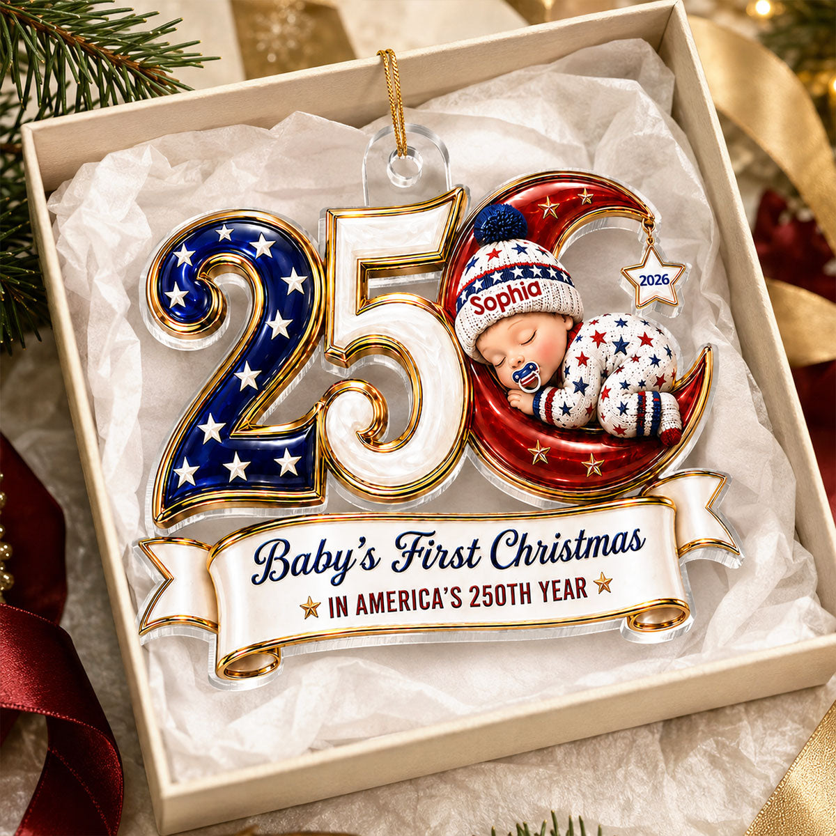 Baby’s First Christmas 2026 2D Flat - Personalized Acrylic Ornament - 250 Years of America Patriotic Keepsake
