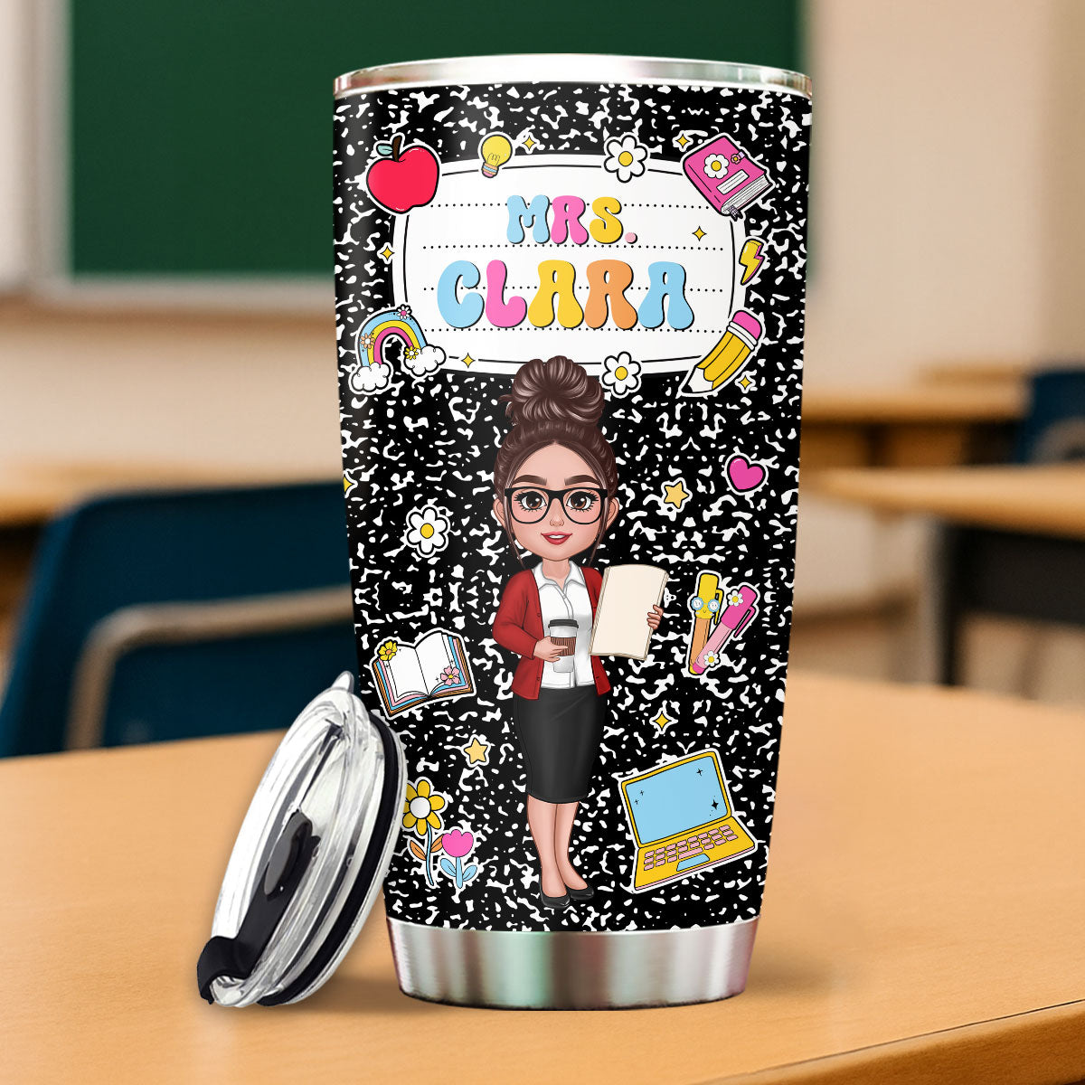 Teacher Composition Book Pattern Personalized Tumbler, Gift For Teacher