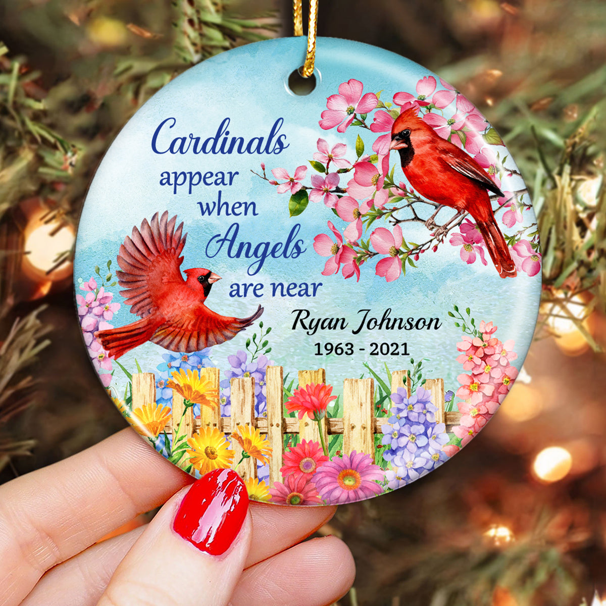 Cardinal Flowers Memorial Personalized Circle Ornament