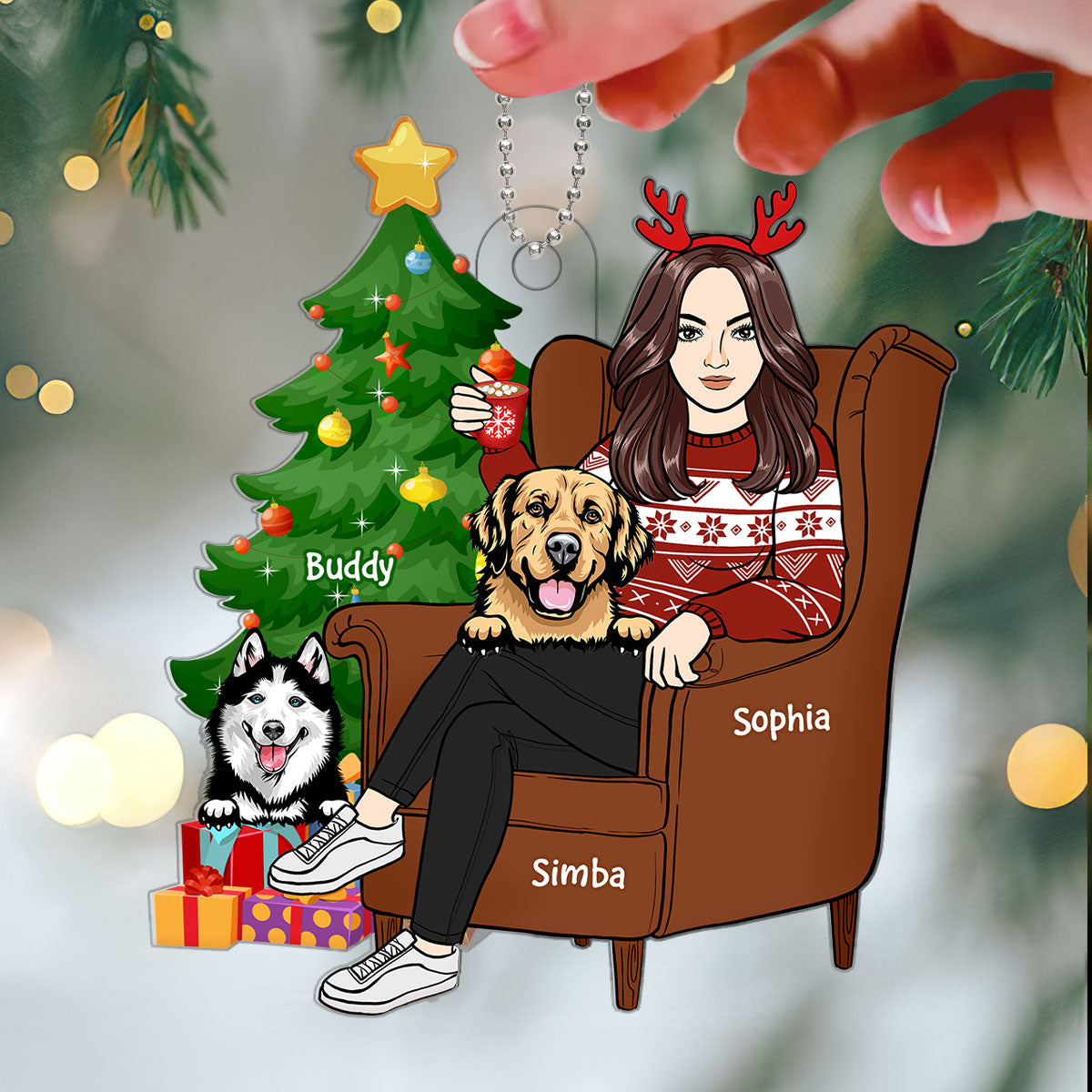 Woman Sitting On Chair With Dogs Christmas Gift For Dog Lover Personalized Acrylic Ornament
