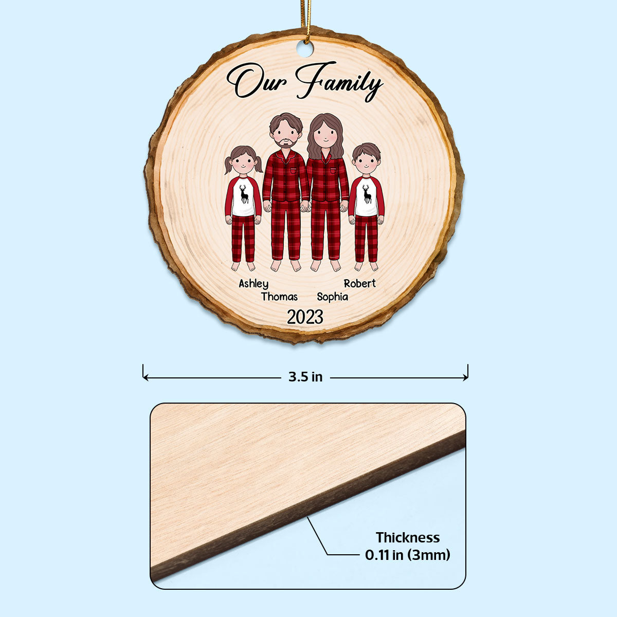Simple Cartoon Whole Family Dad Mom Kid Dog Cat Wood Slice Christmas Personalized Wooden Ornament