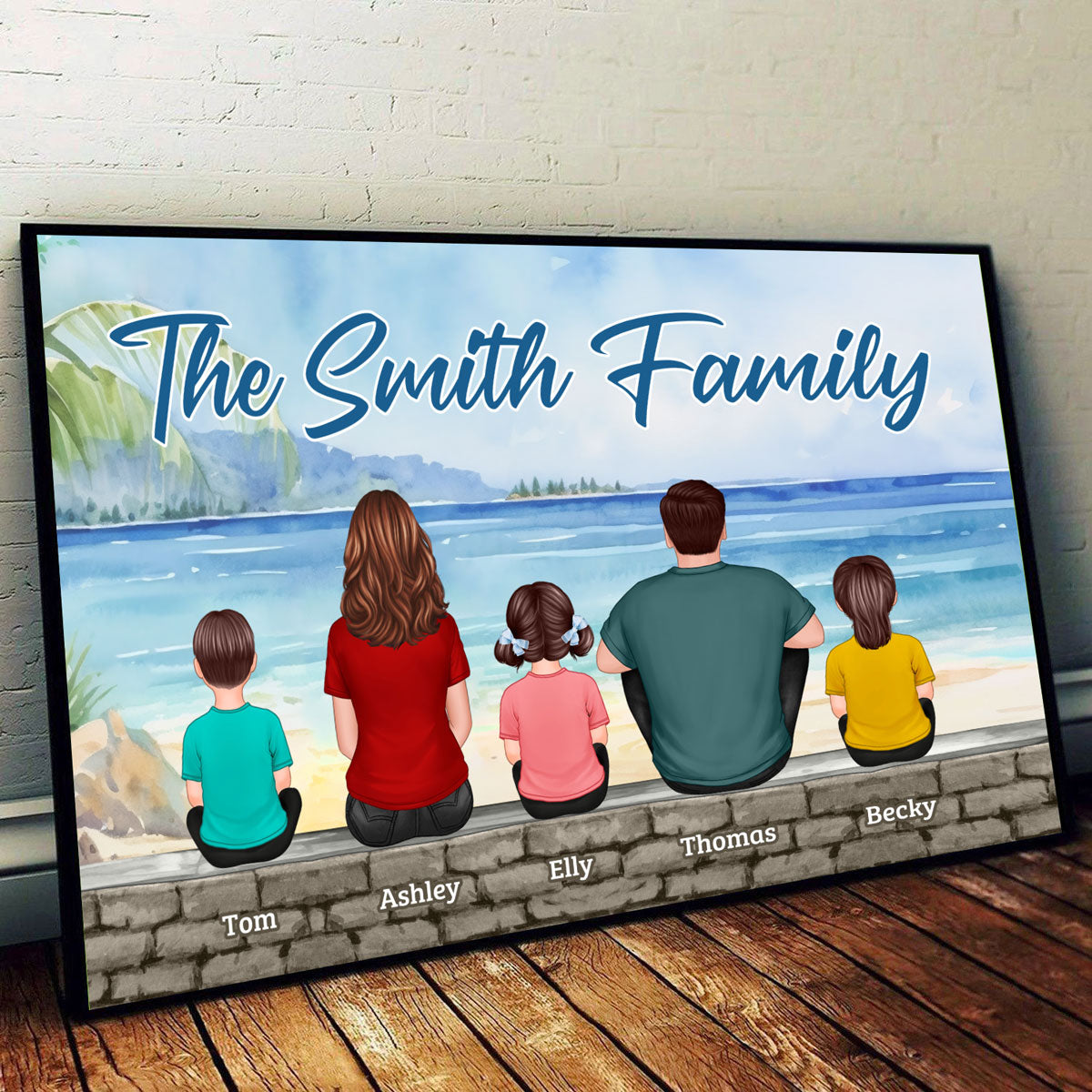 Family Sitting Back View Summer Beach Dad Mom Kids Dog Cat Personalized Horizontal Poster