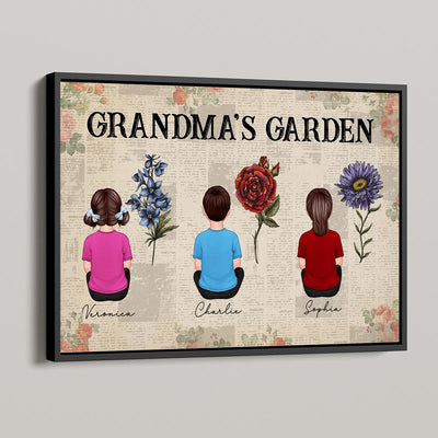Newspaper Background Grandkids Sitting Grandma Garden Vintage Birth Month Flowers Personalized Horizontal Poster