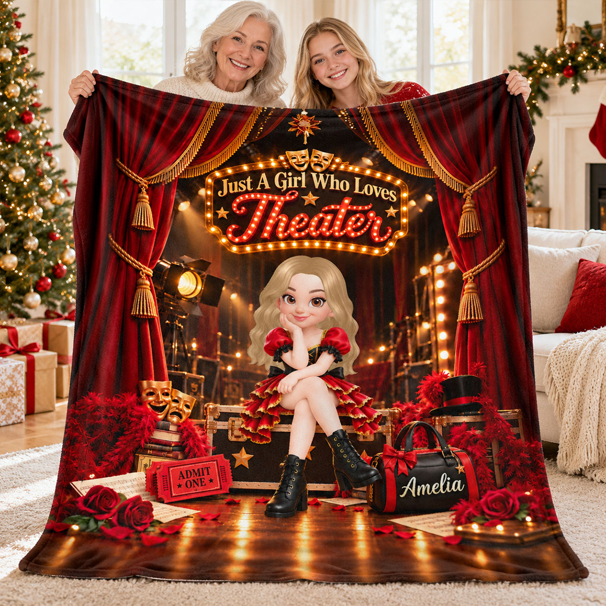 Just a Girl Who Loves Theater - Personalized Fleece Blanket - Christmas Gift for Daughter, Granddaughter