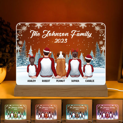 Family In Snow Pajamas Back View Personalized Horizontal Rectangle Acrylic Plaque With LED Night Light
