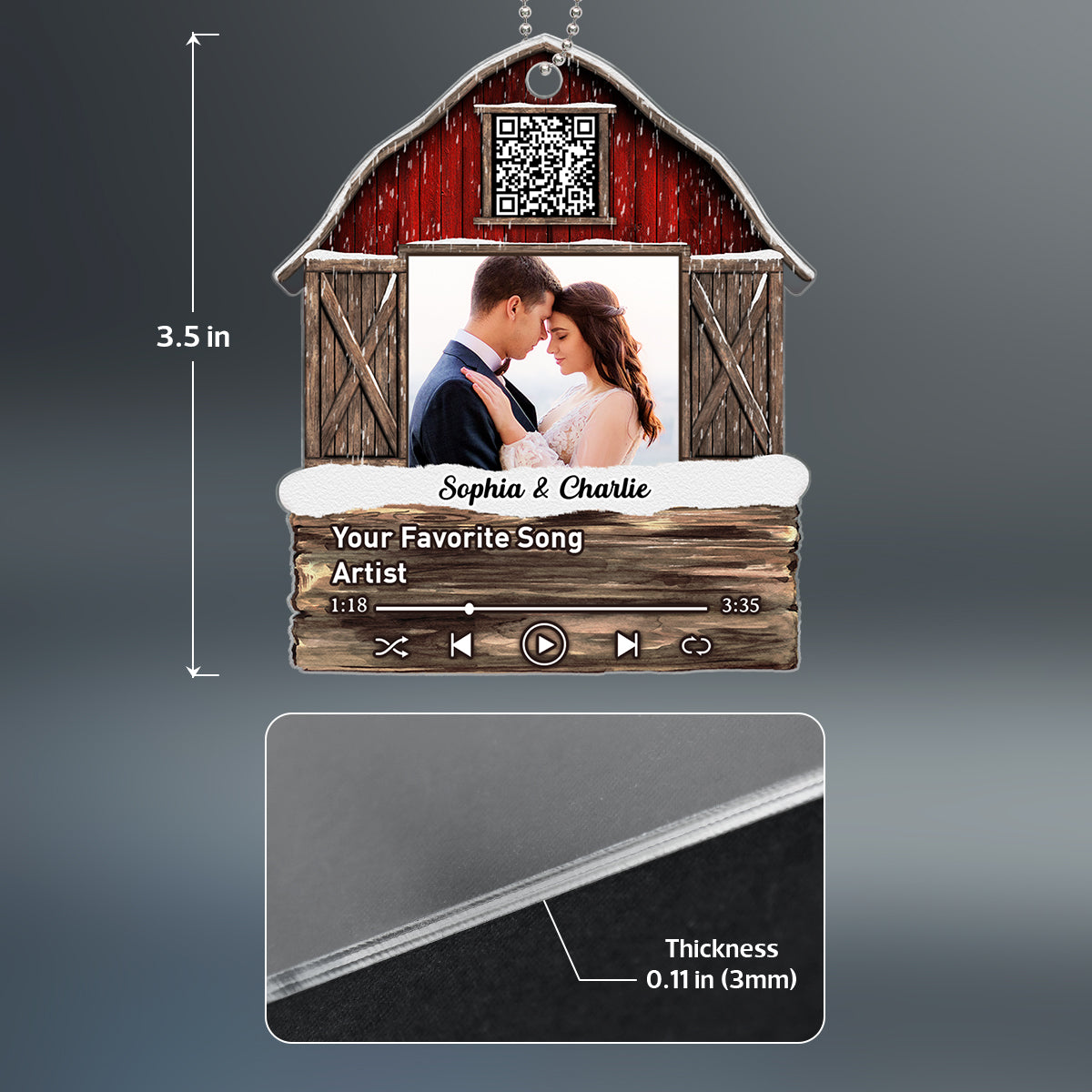 Red Barn Couple Family Friends Custom Photo Scannable QR Code Personalized Acrylic Ornament
