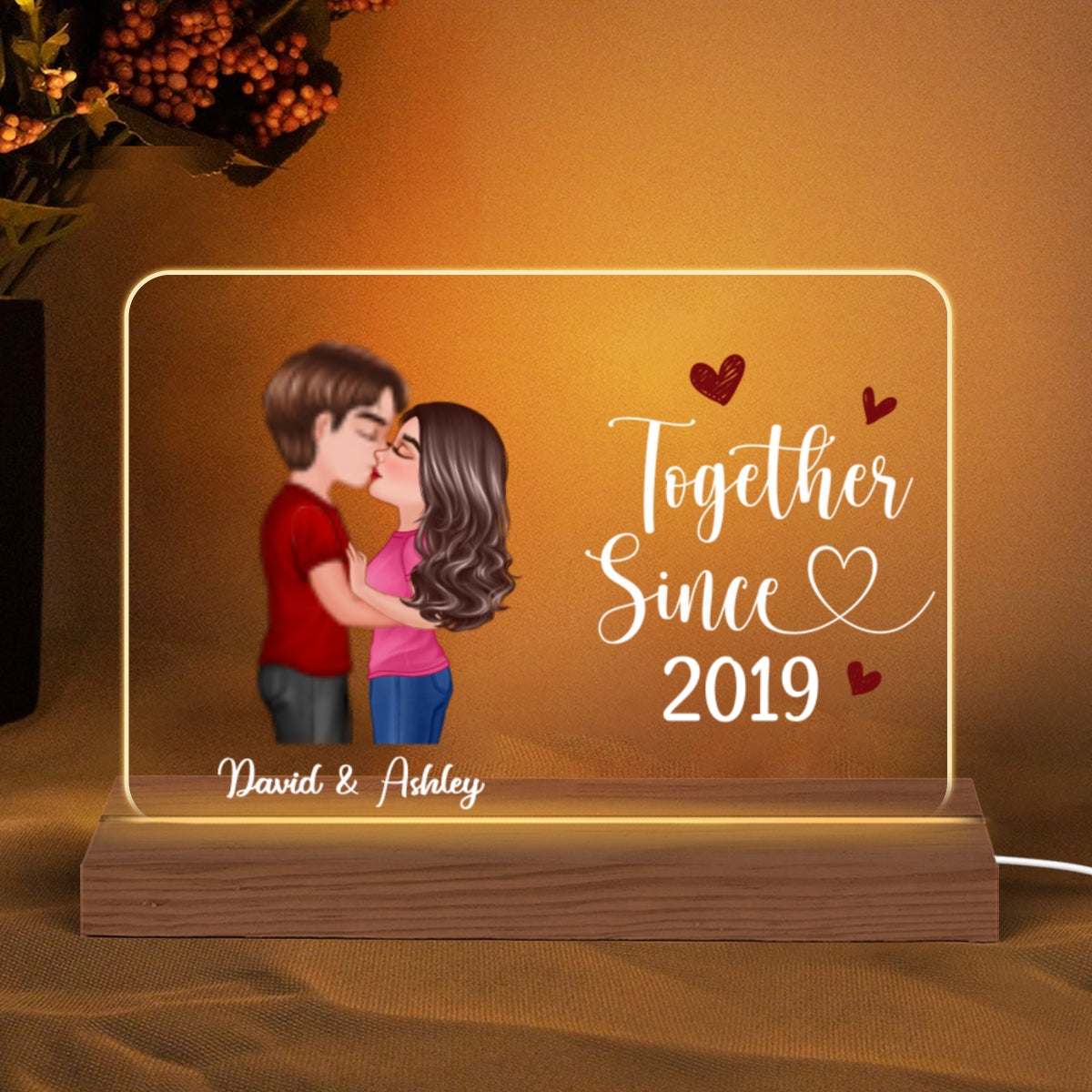 Doll Couple Kissing Gift For Him Gift For Her Personalized Custom Shape Horizontal Rectangle Acrylic Plaque LED Night Light