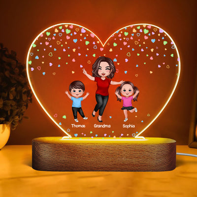Colorful Flying Hearts Happy Doll Grandma Mom And Kids Personalized Heart Acrylic Plaque LED Night Light