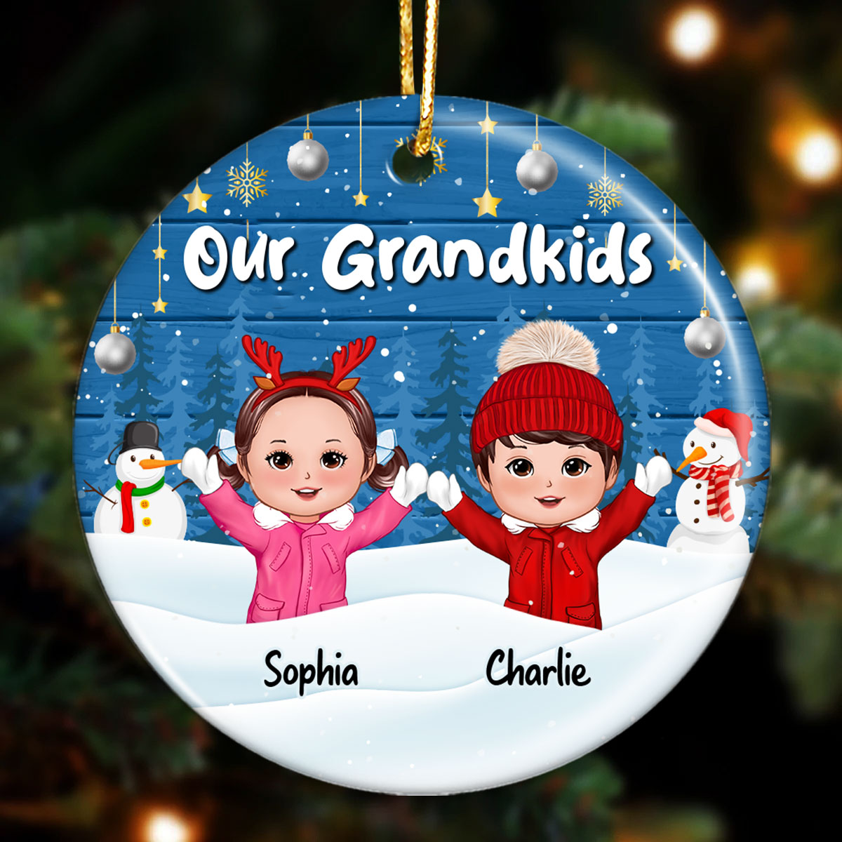 Happy Kids Playing In Snow Blue Wooden Personalized Circle Ornament