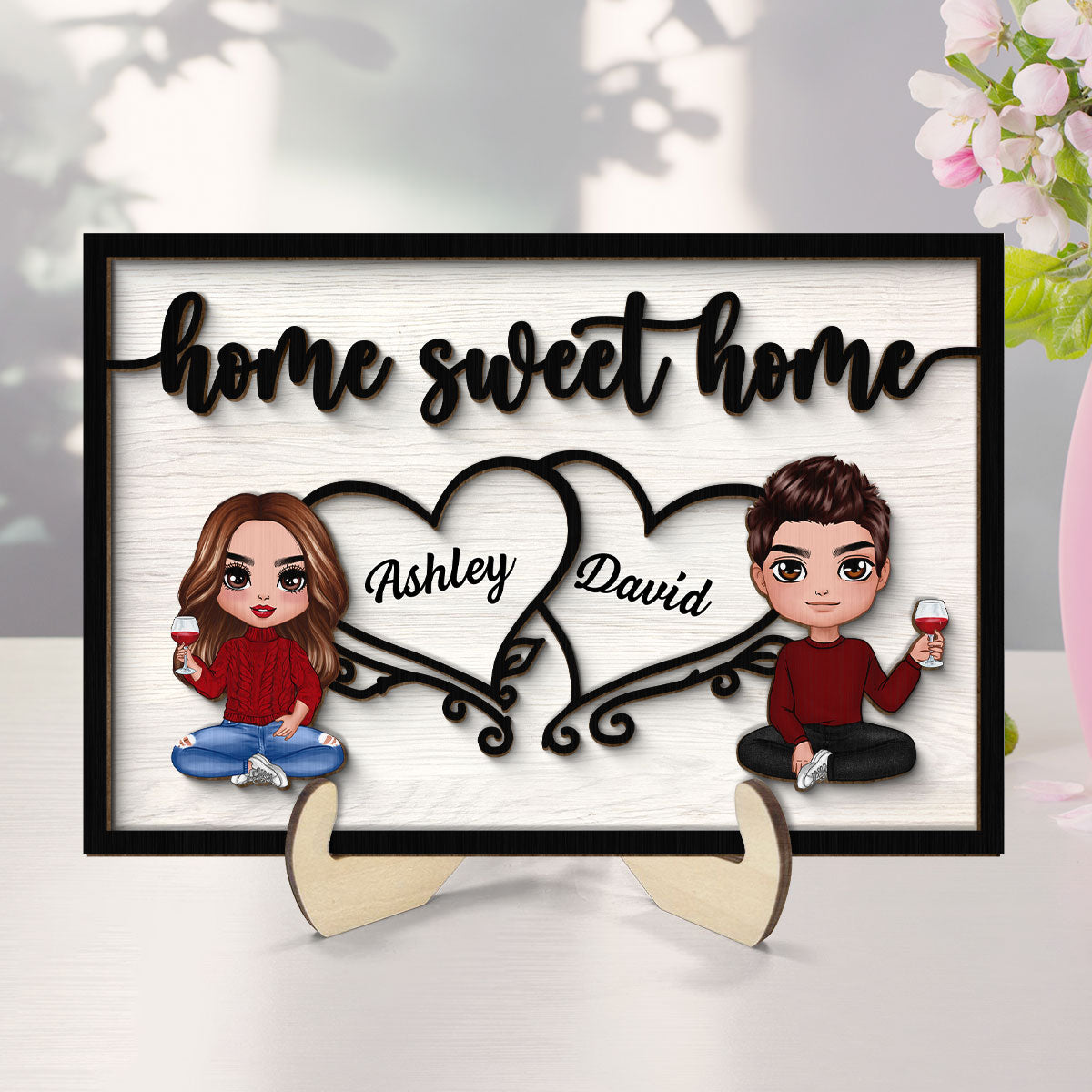 Couple Sitting Home Sweet Home Valentine‘s Day Gift For Him For Her Personalized 2-Layer Wooden Plaque