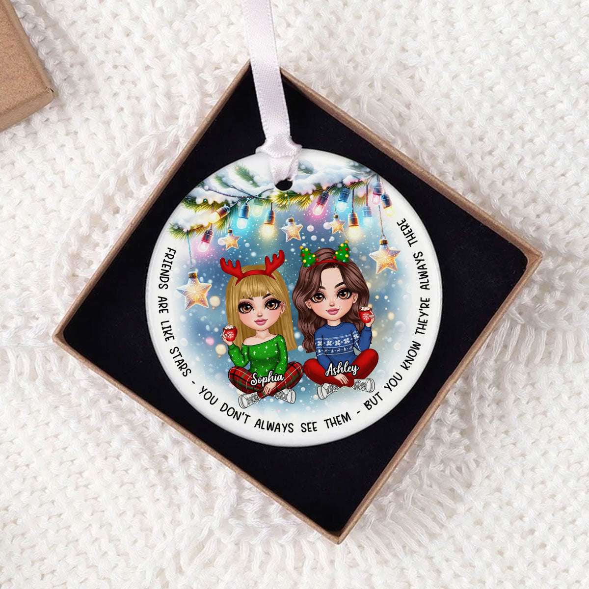 Besties Christmas Tree Light Star Personalized Circle Ceramic Ornament