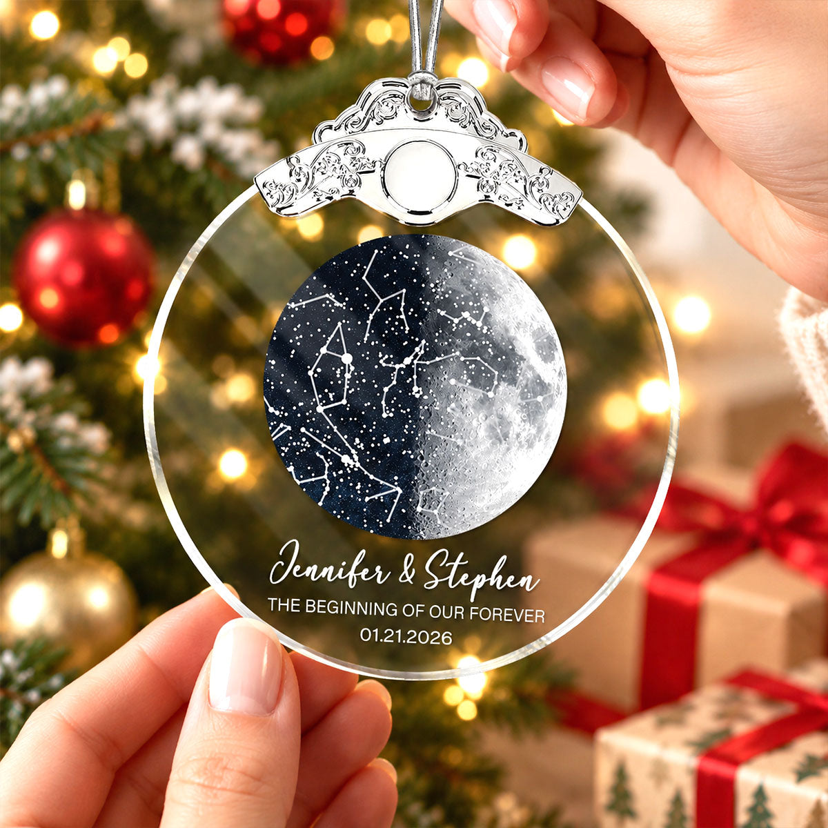 Custom Moon Phase & Star Map by Date - Personalized Glass Ornament With Silver Cap - Heartfelt Christmas Gift, Anniversary Gift, For Couple, For Him, For Her