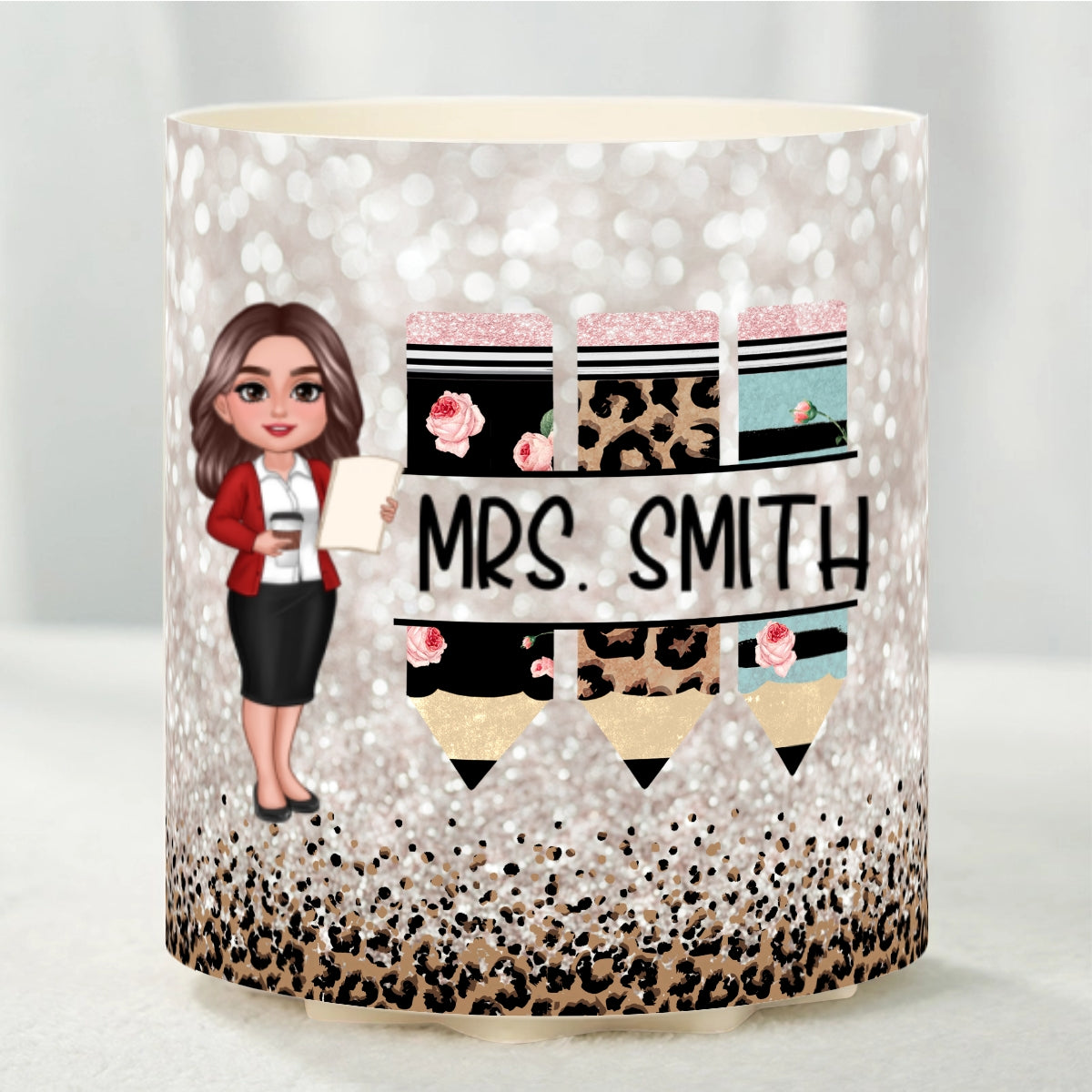Teacher Leopard Rainbow Personalized Rotating Pen Holder, Teacher Appreciation Gift, Back To School Gift