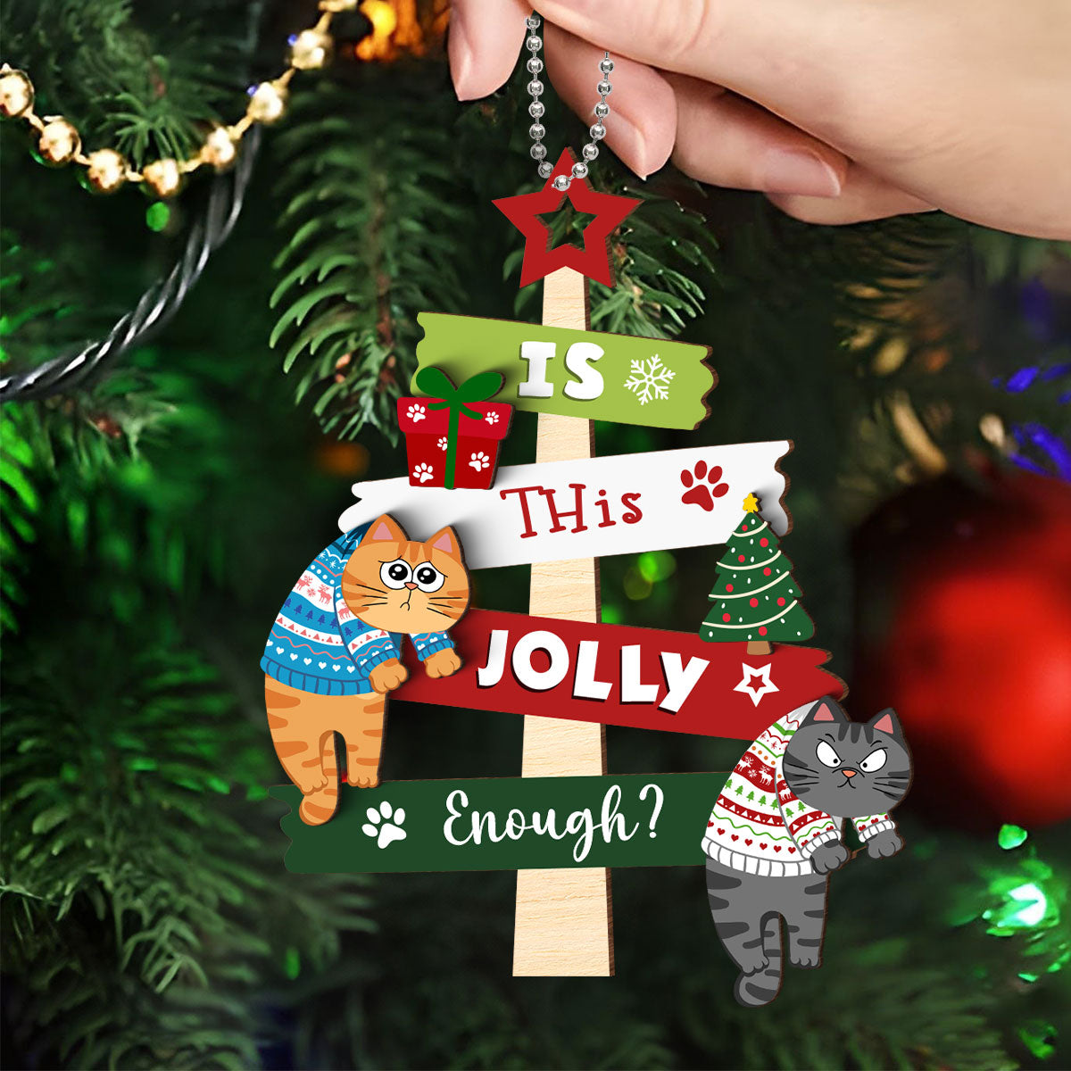 Is This Jolly Enough Naughty Cats On Christmas Tree Personalized 2-Layer Wooden Ornament
