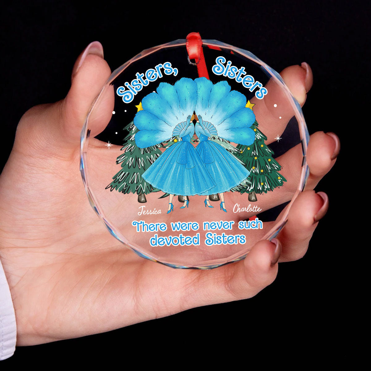 Sisters Sisters Besties in Blue Dresses Personalized Glass Ornament