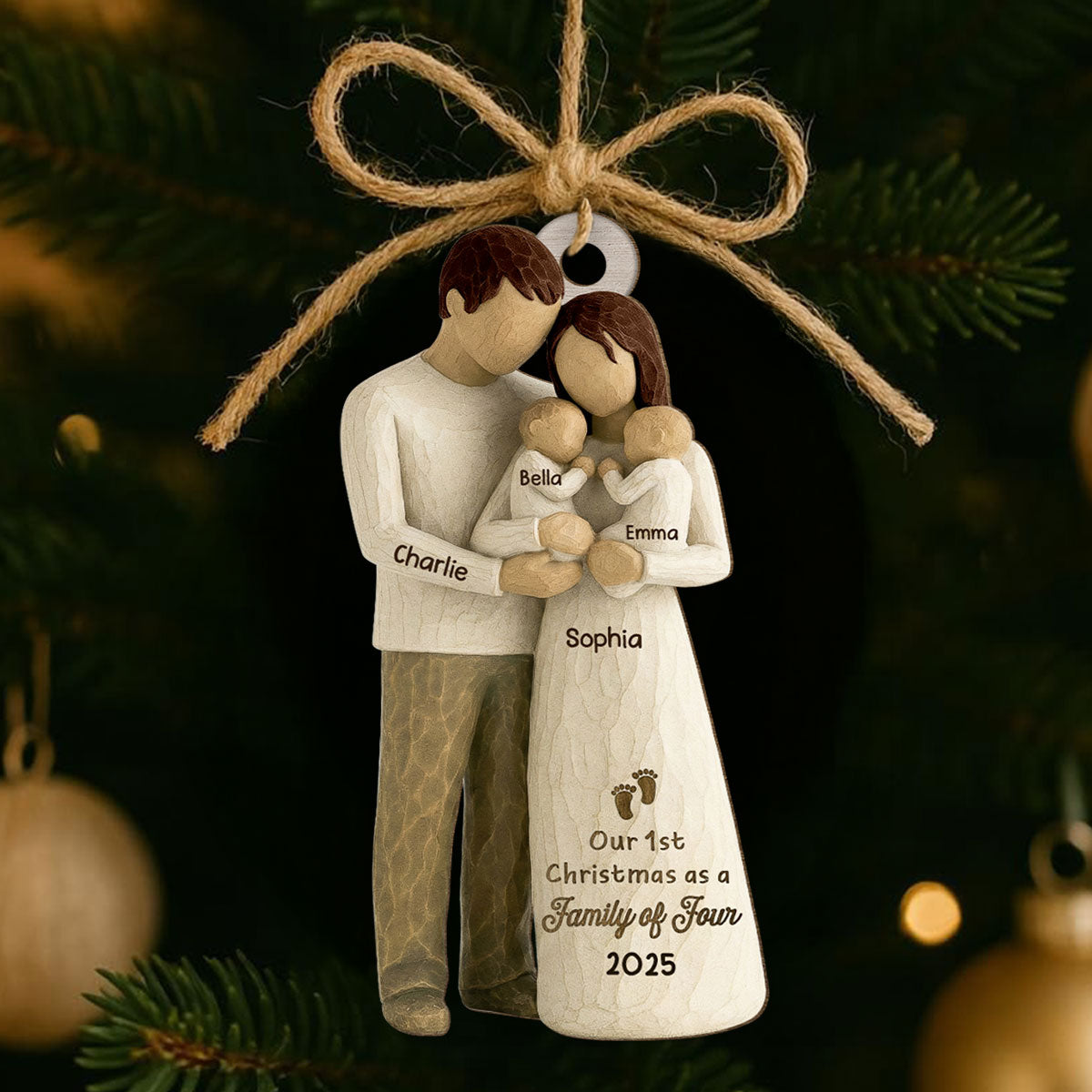 3D Effect First Christmas As Family Of Four Mom Dad & Twin Babies - Personalized Wooden Ornament