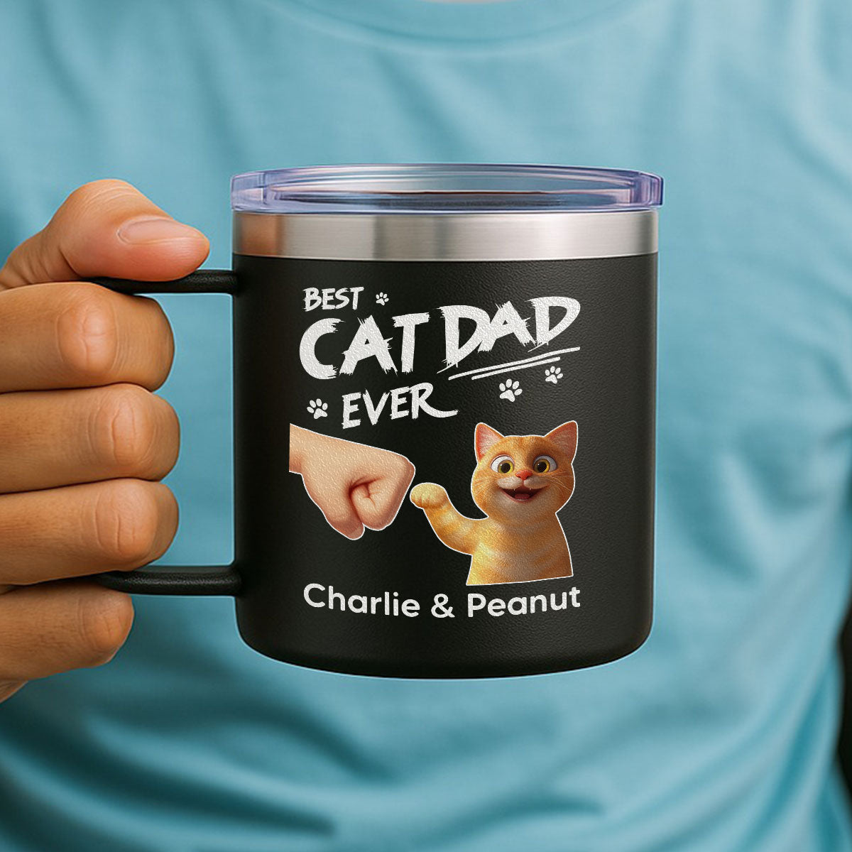 Best Cat Dad Ever Personalized Stainless Steel Tumbler With Handle, Unique 2025 Father's Day Gift For Cat Lovers