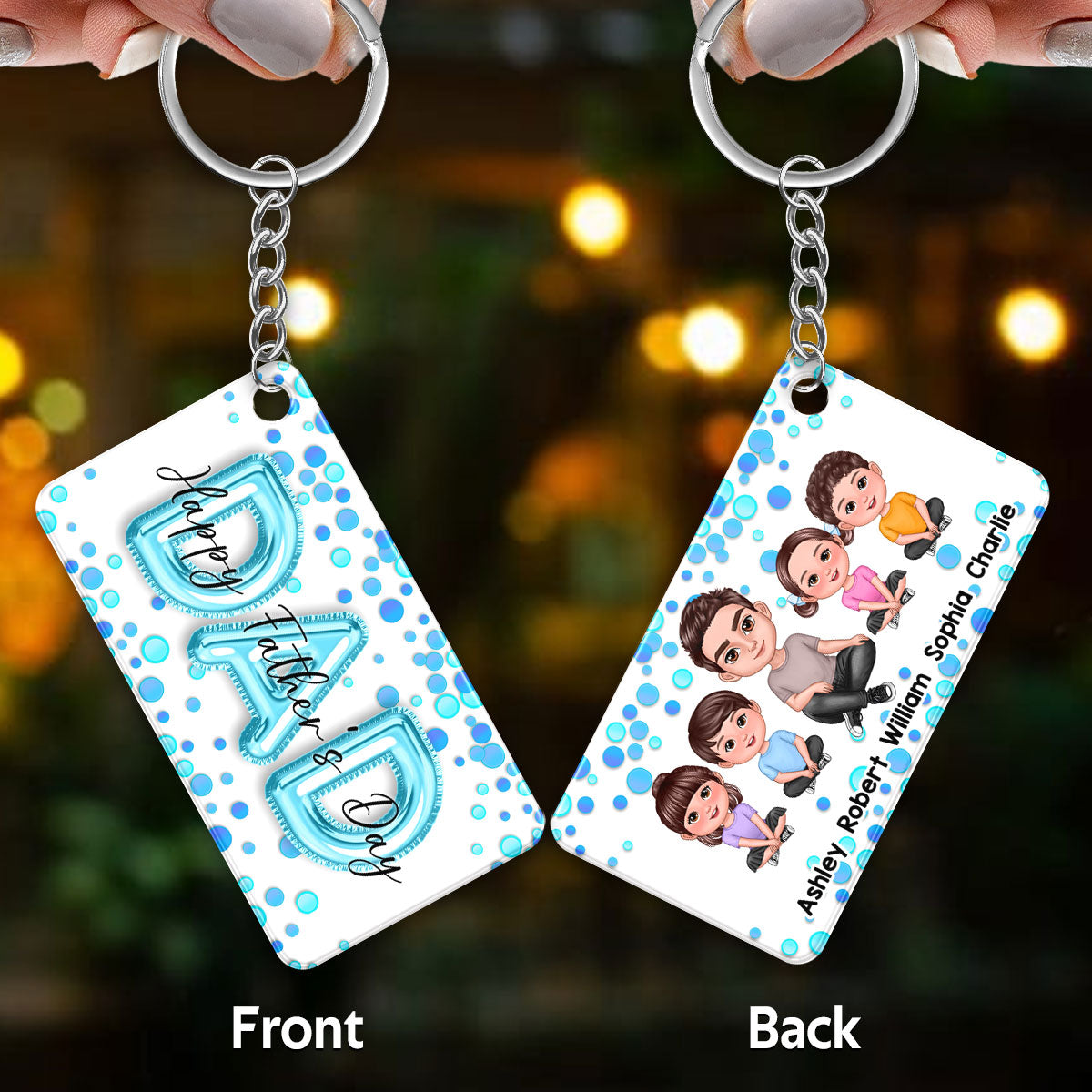 Doll Dad And Kids Blue Balloon Personalized Acrylic Keychain