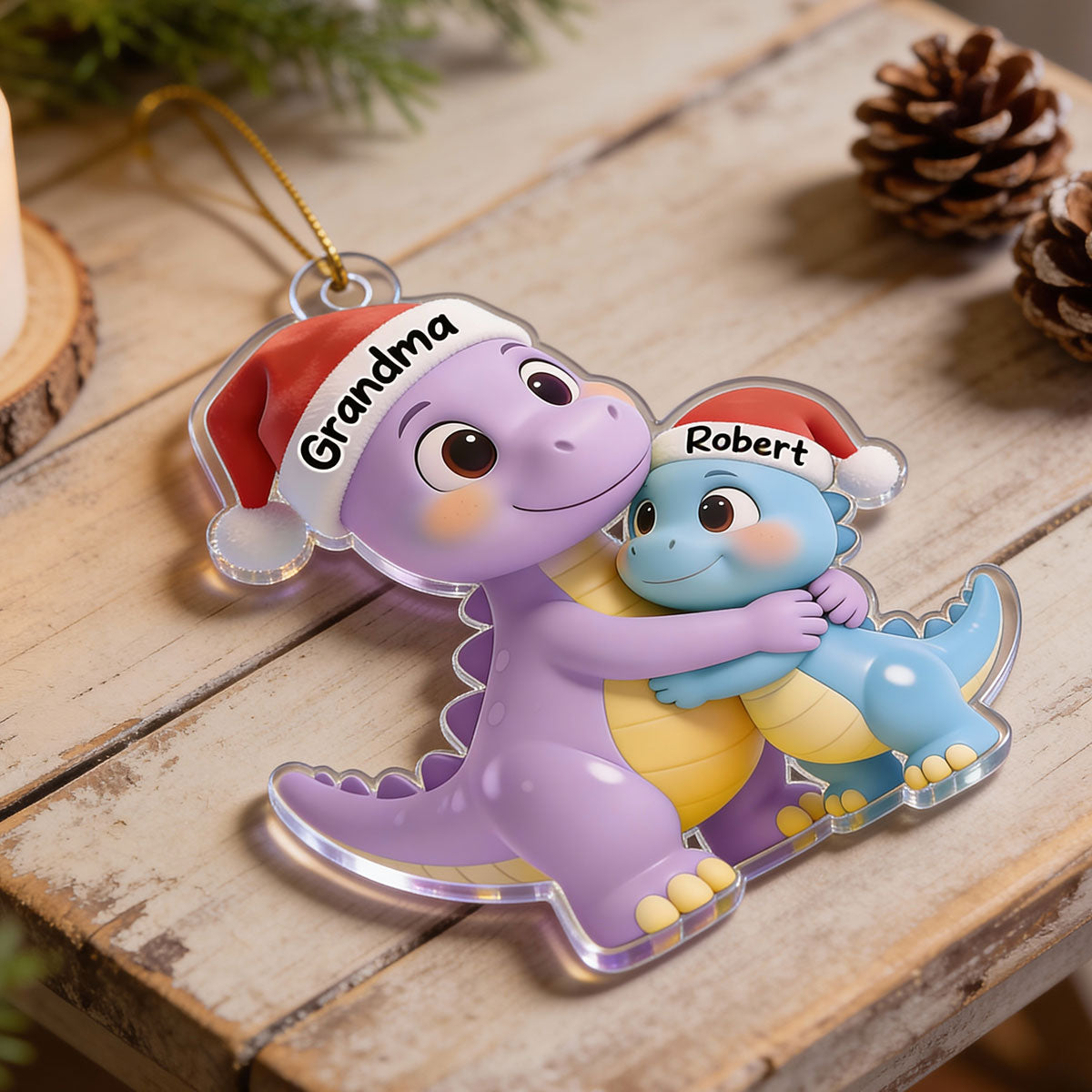 3D Effect Heartwarming Happy Grandmasaurus With Dinosaur Grandkid - Personalized Acrylic Car Hanger - Gift For Grandkids