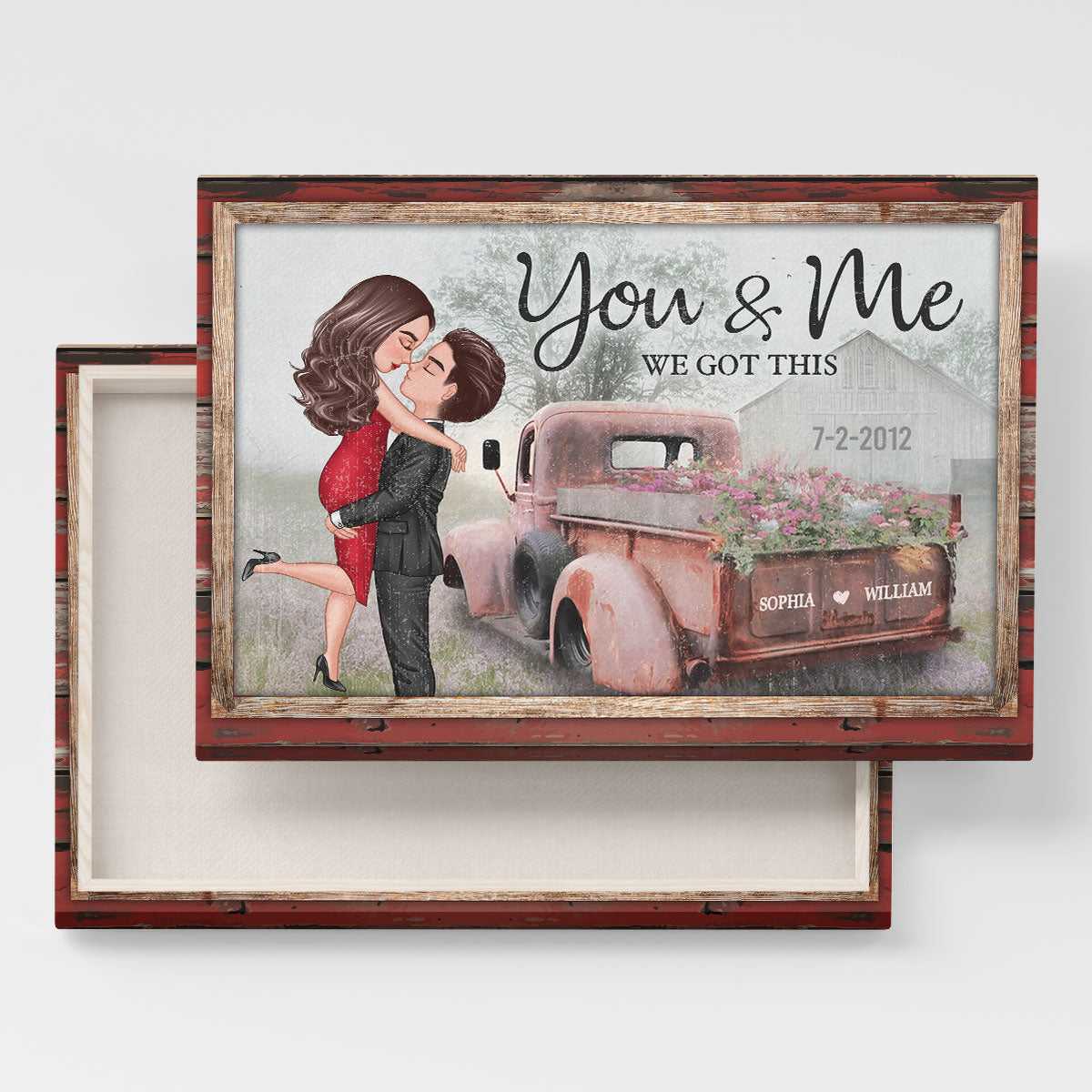 Red Vintage Truck Farmhouse Couple Hugging Kissing Personalized Canvas Print, Anniversary  Gift For Him, For Her