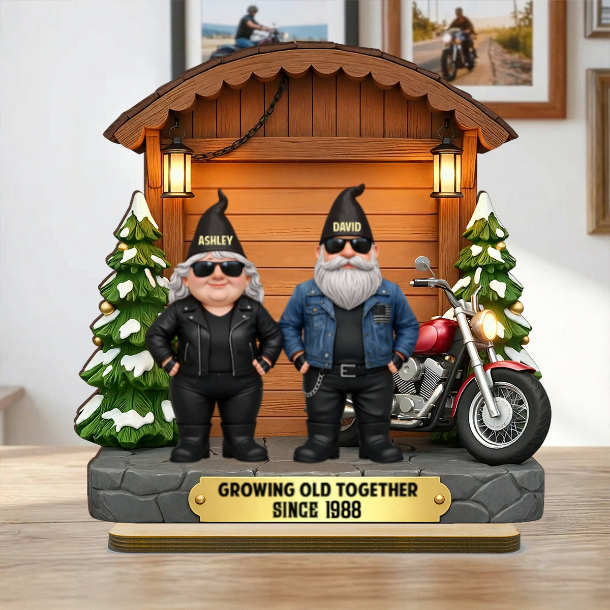Growing Old Together Biker Couple - Personalized 2-Layered Wooden Plaque - Anniversary, Valentine's Day Gift, Gift For Him, Gift For Her