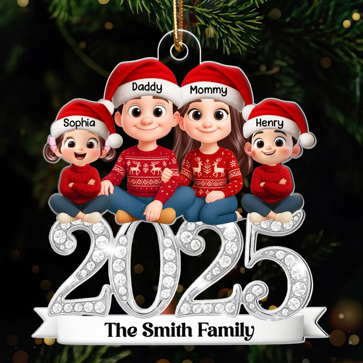 3D Shining Effect 2025 Family Sitting - Personalized Acrylic Ornament - Christmas Gift for Family