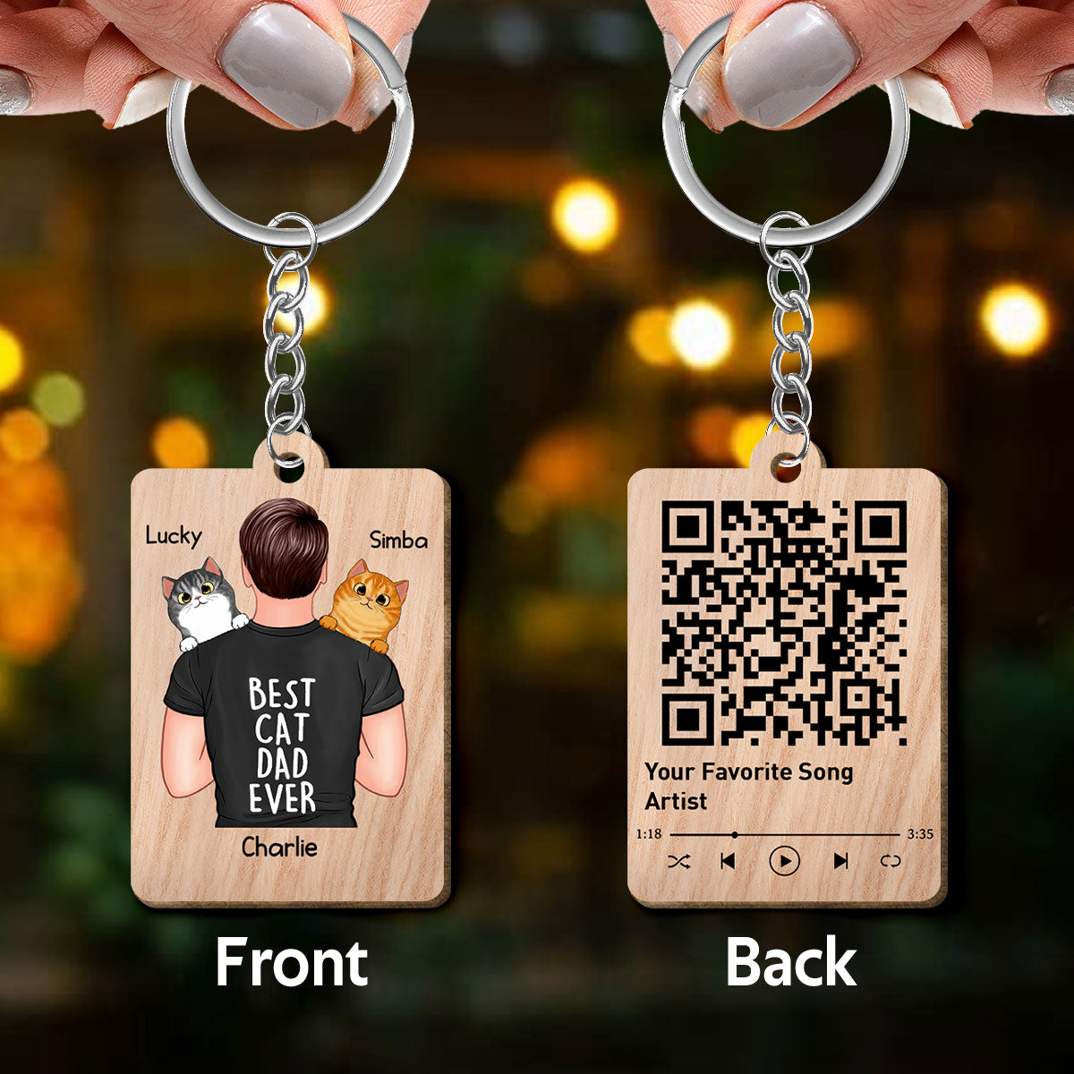 Man Carrying Cats On Shoulder Favorite Song Scannable QR Code Gift For Cat Dad Personalized Wooden Keychain