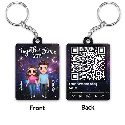 Doll Couple Standing In Galaxy Night Favorite Song Scannable QR Code Personalized Acrylic Keychain