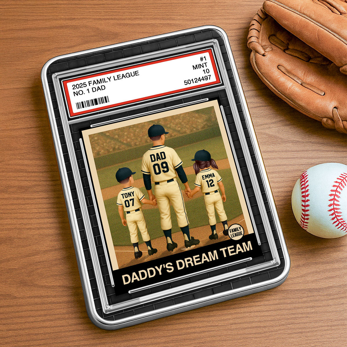 Baseball No. 1 Dad Man & Kids Trading Card Style Personalized Mirrored Picture Frame