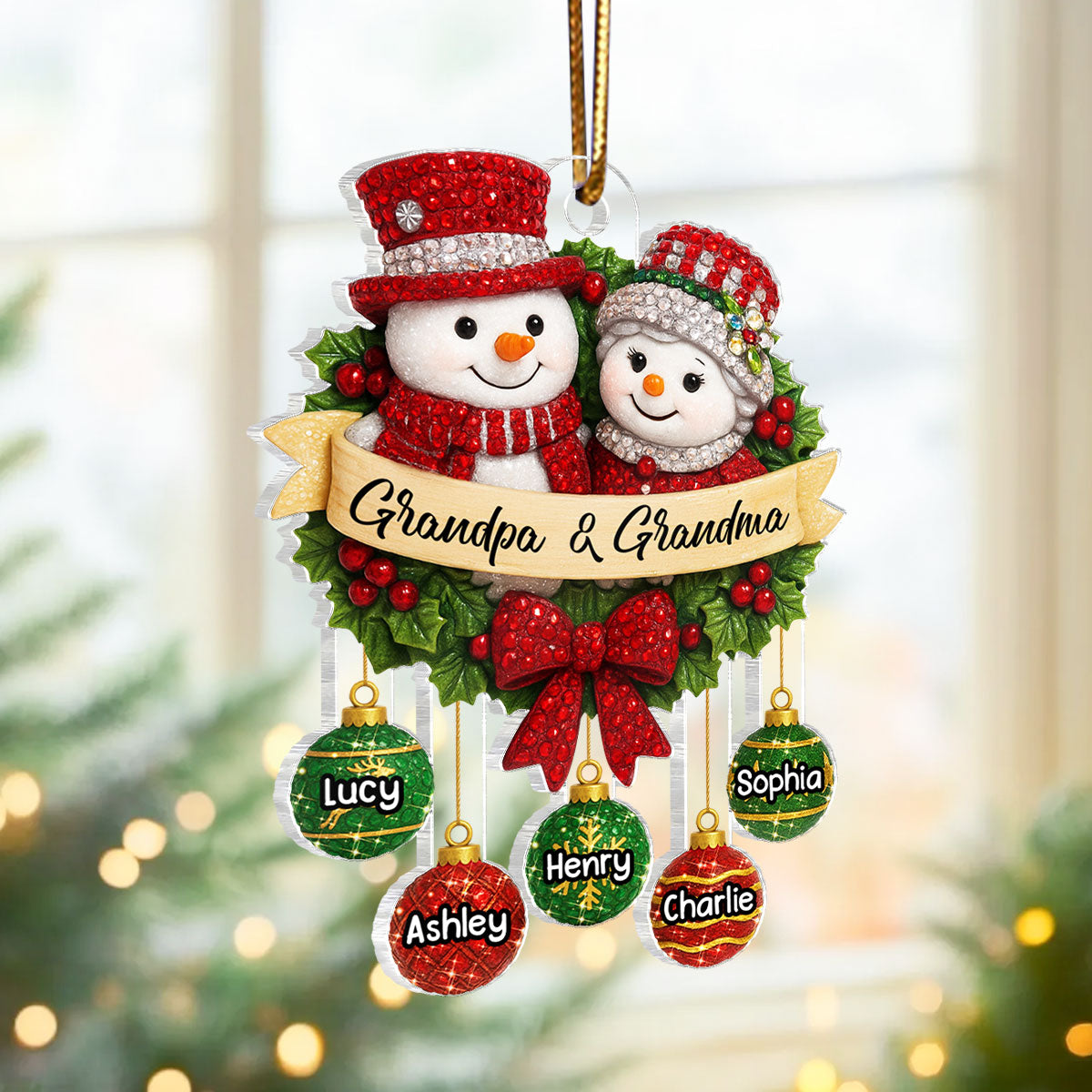 Snowman Grandparents on Christmas Wreath 3D Crystal Effect - Personalized Acrylic Ornament - Christmas Gift for Grandma, Grandpa