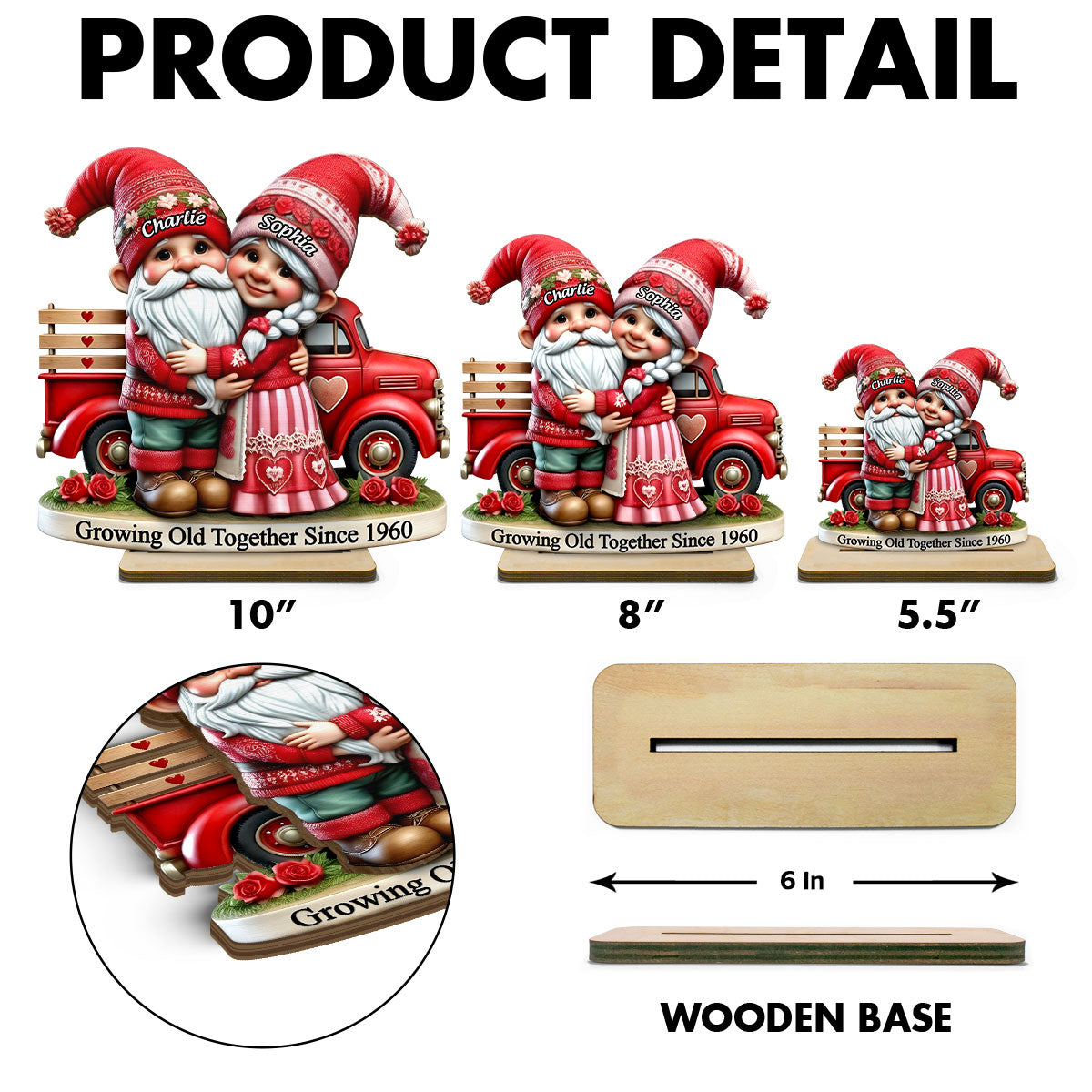 3D Effect Gnome Couple  Truck Personalized 2-Layer Standing Wooden Plaque, Heartfelt Gift For Her, For Wife