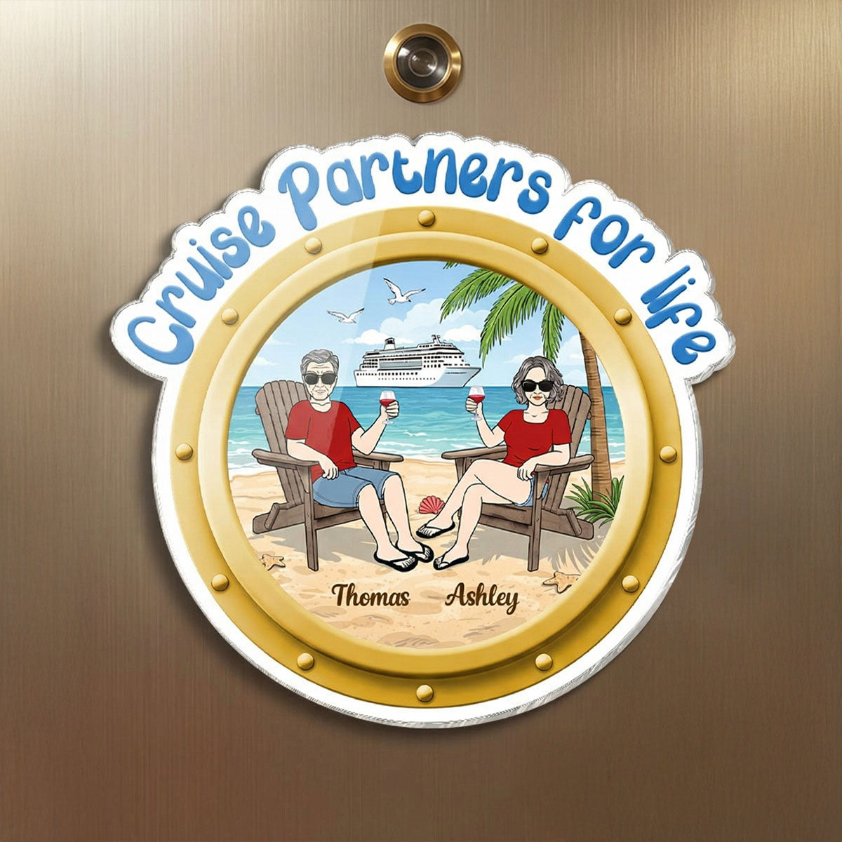 Cruise Partners For Life Porthole Old Couple Sitting On The Beach - Personalized Cruise Ship Door Magnet