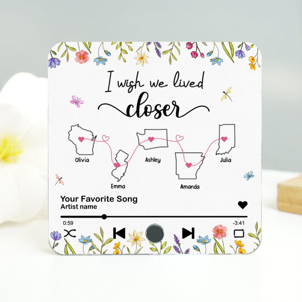 I Wish We Lived Closer Floral Personalized Custom Music Fridge Magnet, Mother Daughter, Best Friends, Siblings