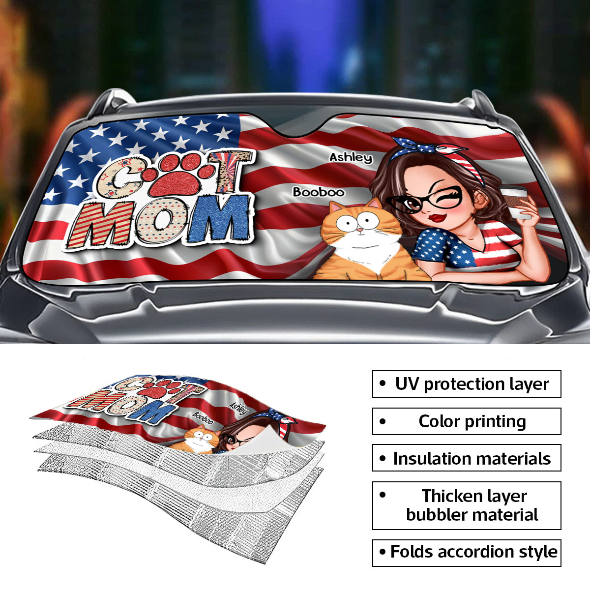 Cat Mom 4th of July America Sparkly Pattern Personalized Car Sunshade, Independence Day