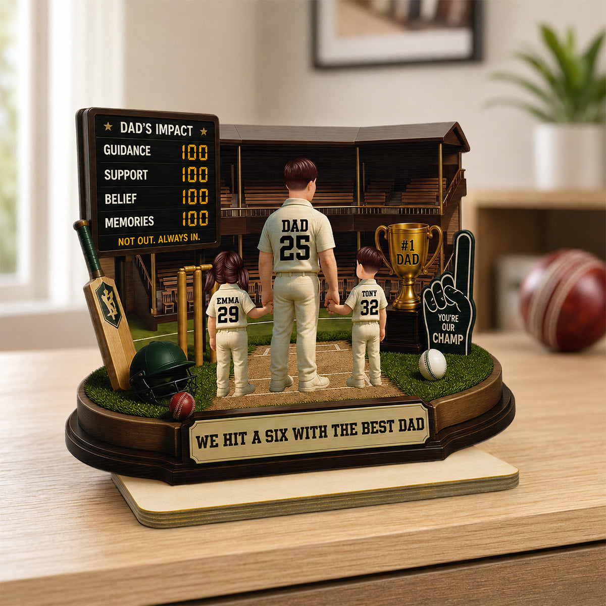 Hit A Six With The Best Dad Cricket Dad - Personalised 2-Layered Wooden Plaque - Father's Day Gift For Husband, Dad