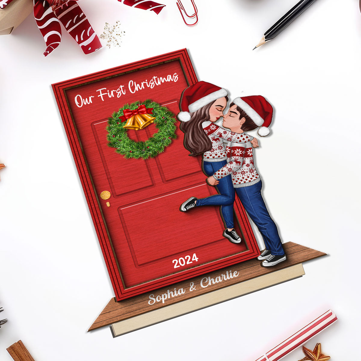 Our New Home Couple Kissing In Front Door Christmas Decor Personalized 2-Layer Standing Wooden Plaque