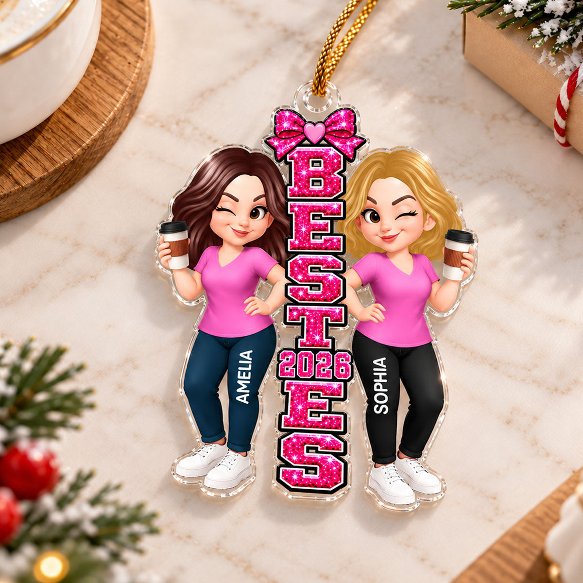 Trending Pink Besties Sisters - Personalized Acrylic Ornament - Christmas Gift For Friends, Family, Girls