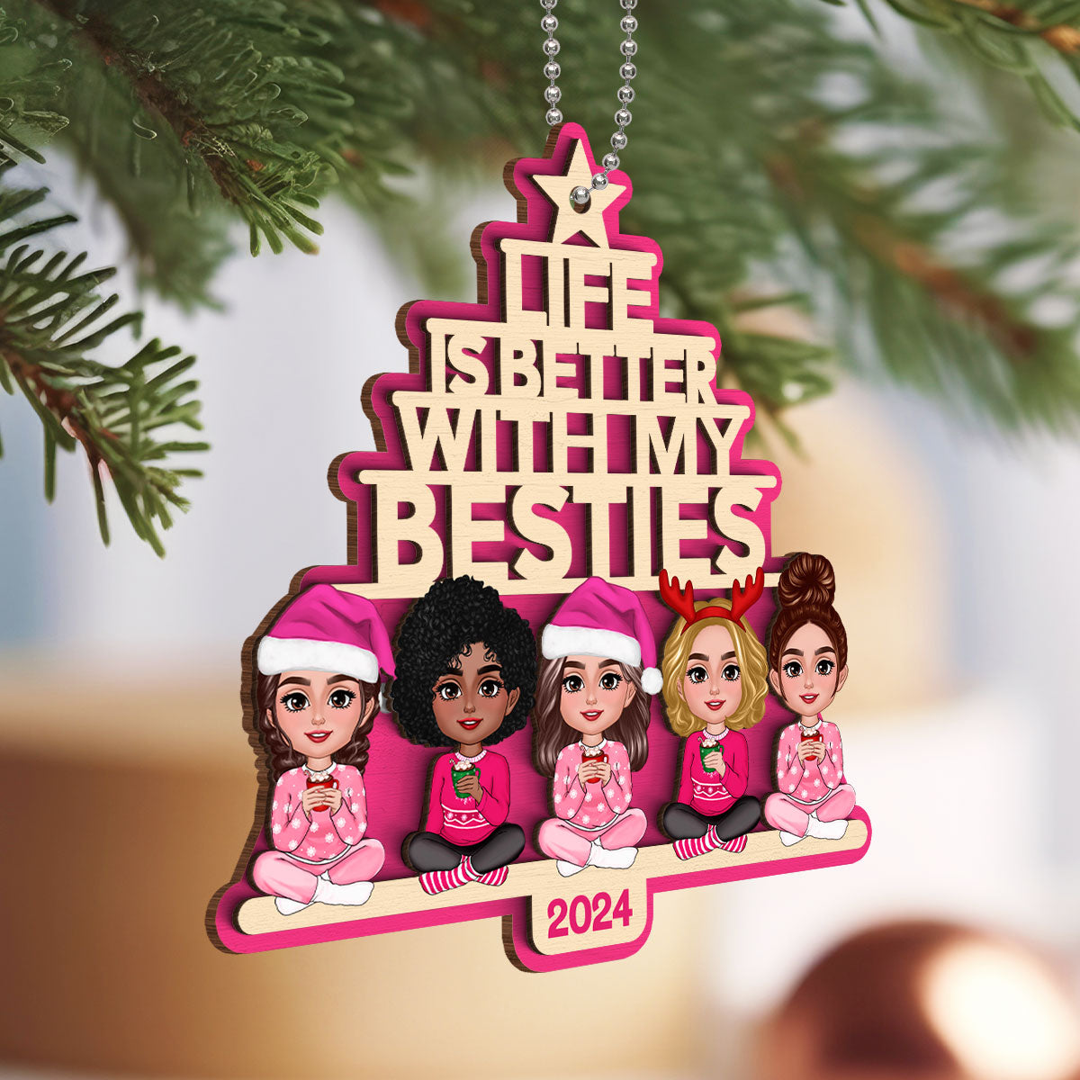 Besties Sitting Pink Christmas Tree Text Personalized 2-Layer Wooden Ornament