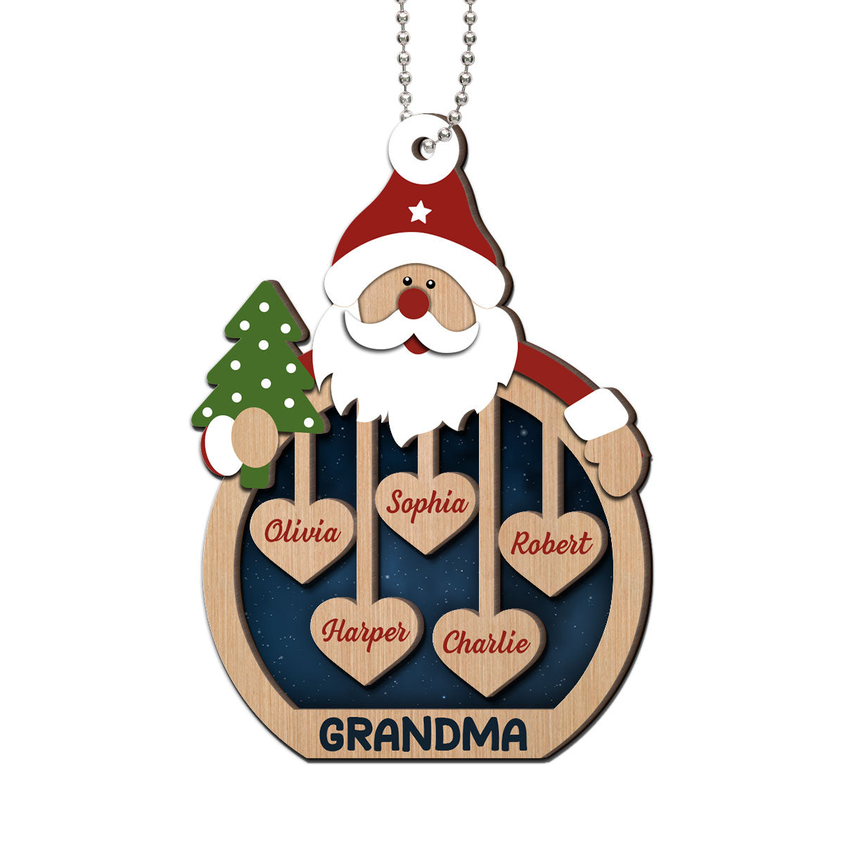Grandma's Sweethearts Santa Claus Personalized Christmas 2-Layer Wooden Ornament