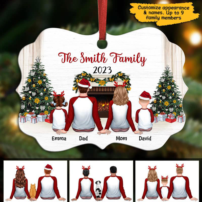 Pajamas Family Sitting In Fireplace Christmas Tree Personalized Christmas Ornament