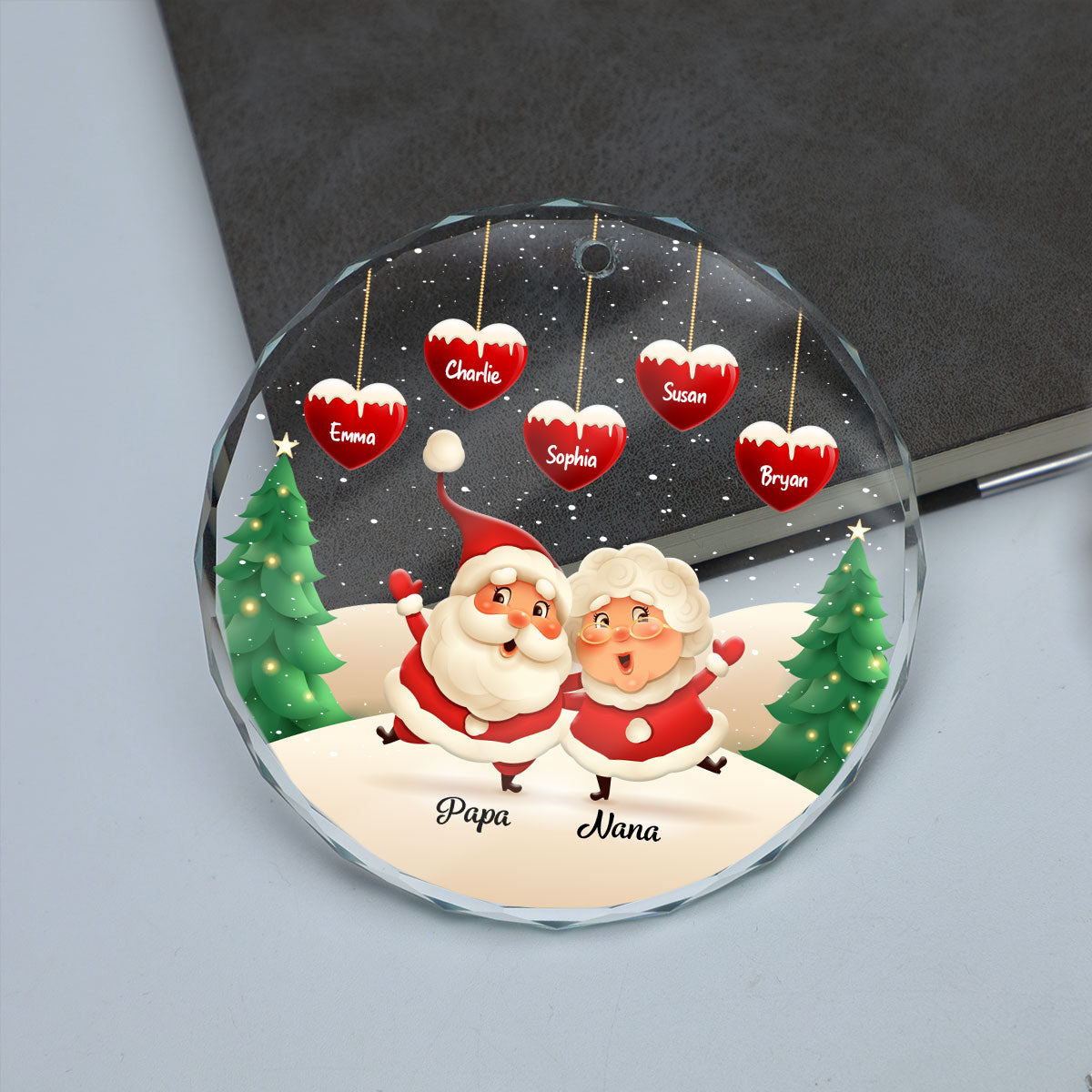 Papa Nana Claus Hearts Kids Names Personalized Glass Ornament