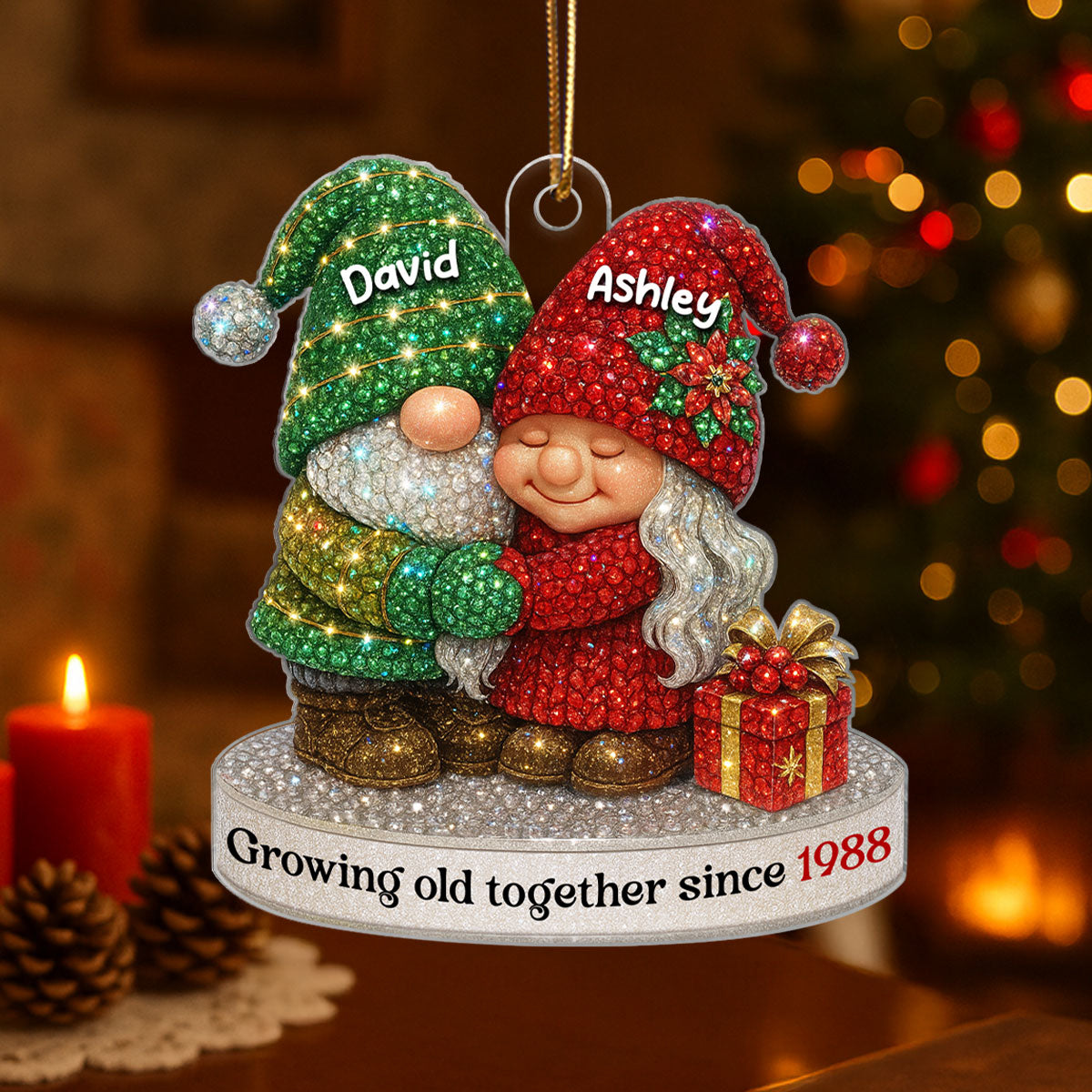 Crystal 3D Effect Gnome Old Couple - Personalized Acrylic Ornament - Christmas Gift for Couple, Husband, Wife