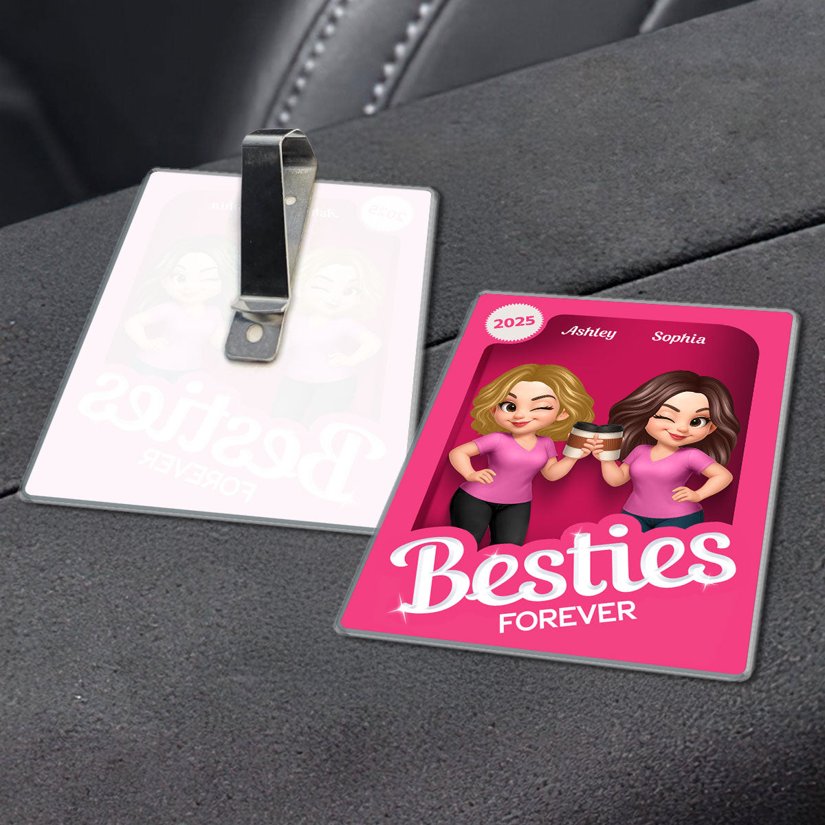 Besties Partners In Crime Pink Action Figure 3D Effect Personalized Acrylic Car Visor